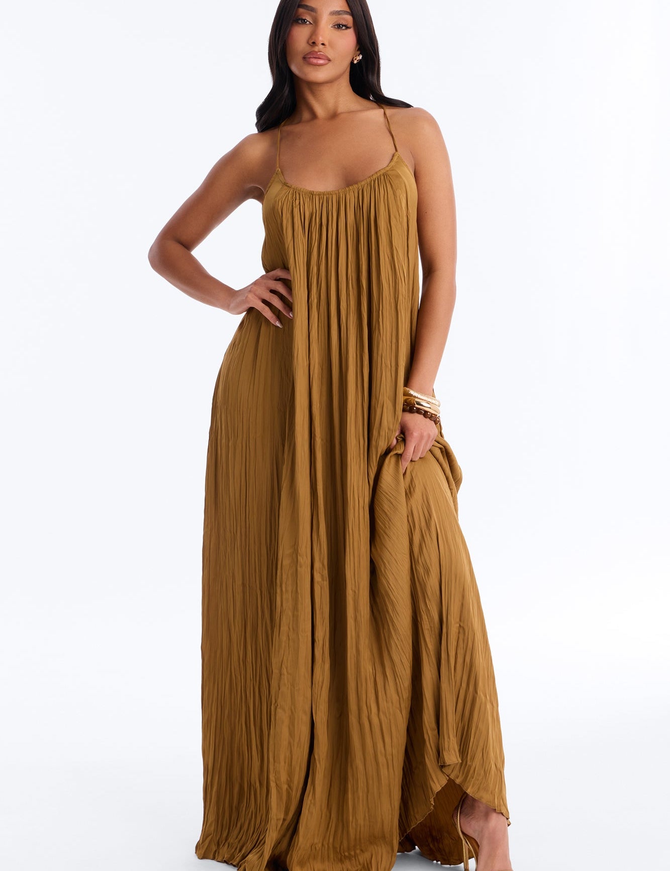 Gouden Plissé Maxi Jurk – Lang & Stijlvol