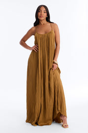 Gouden Plissé Maxi Jurk – Lang & Stijlvol