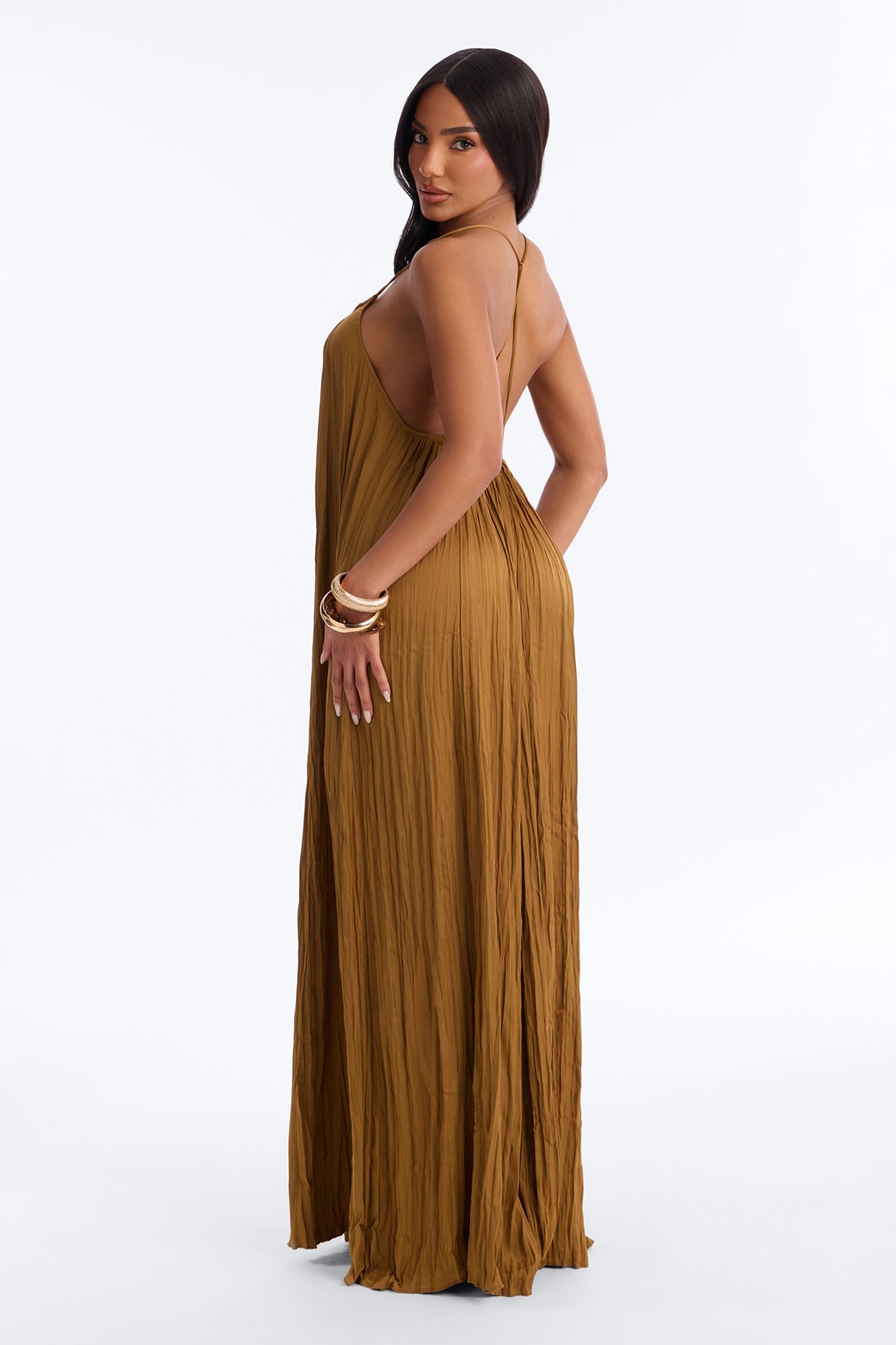 Gouden Plissé Maxi Jurk – Lang & Stijlvol