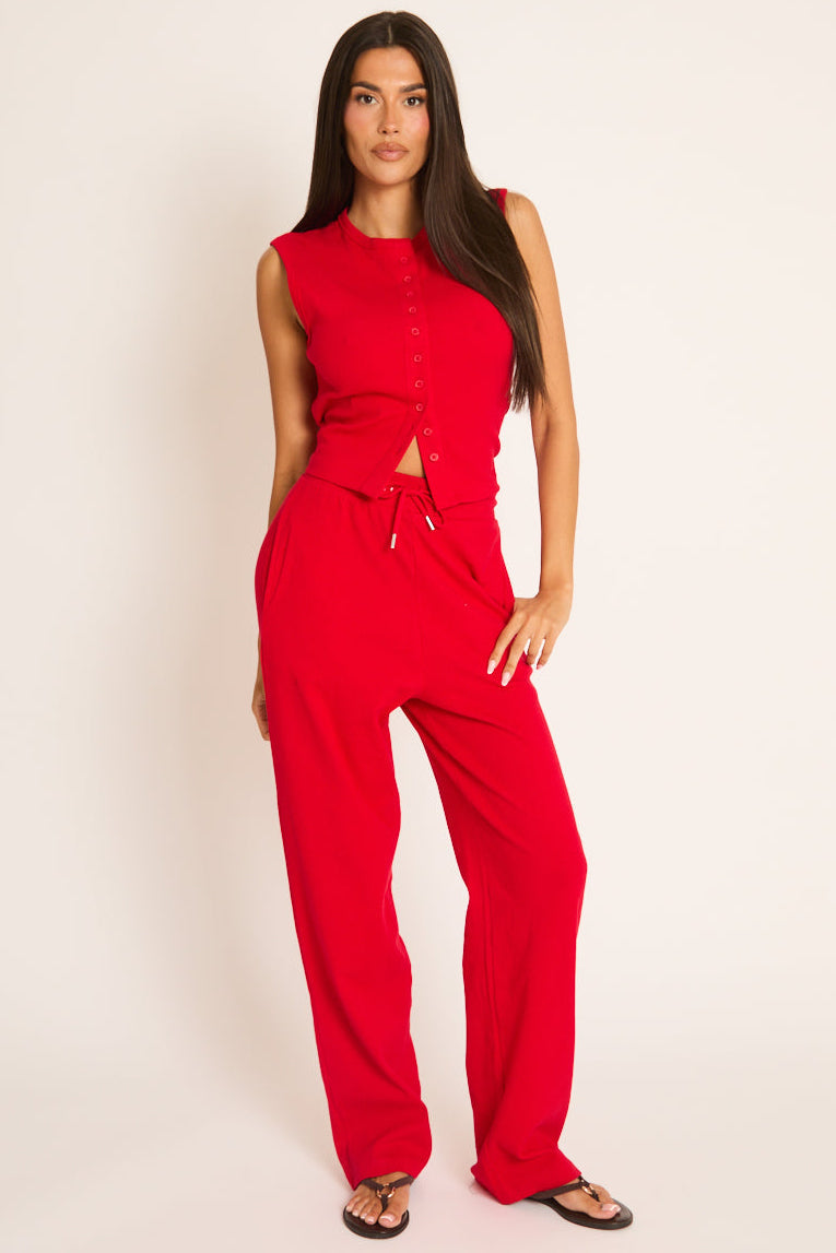 Rode Loungewear Set met Knopen en Broek - Caitlen