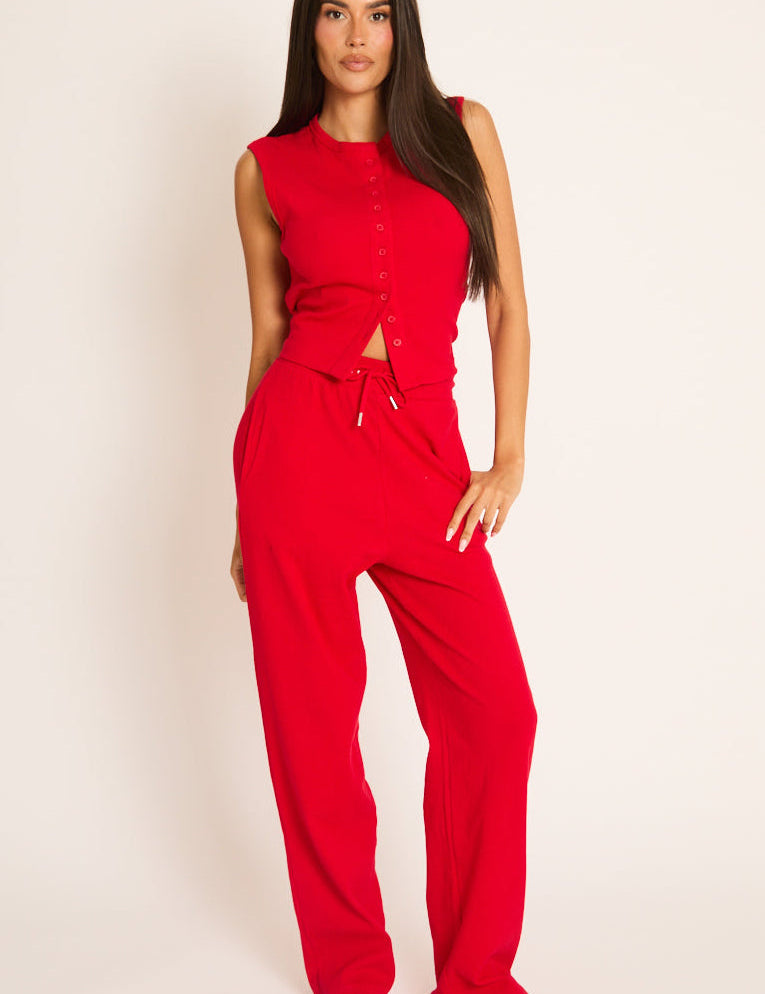 Rode Loungewear Set met Knopen en Broek - Caitlen