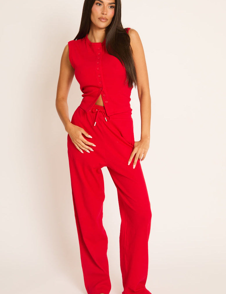 Rode Loungewear Set met Knopen en Broek - Caitlen