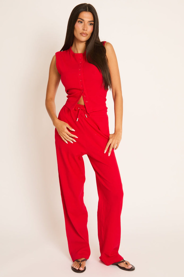 Rode Loungewear Set met Knopen en Broek - Caitlen