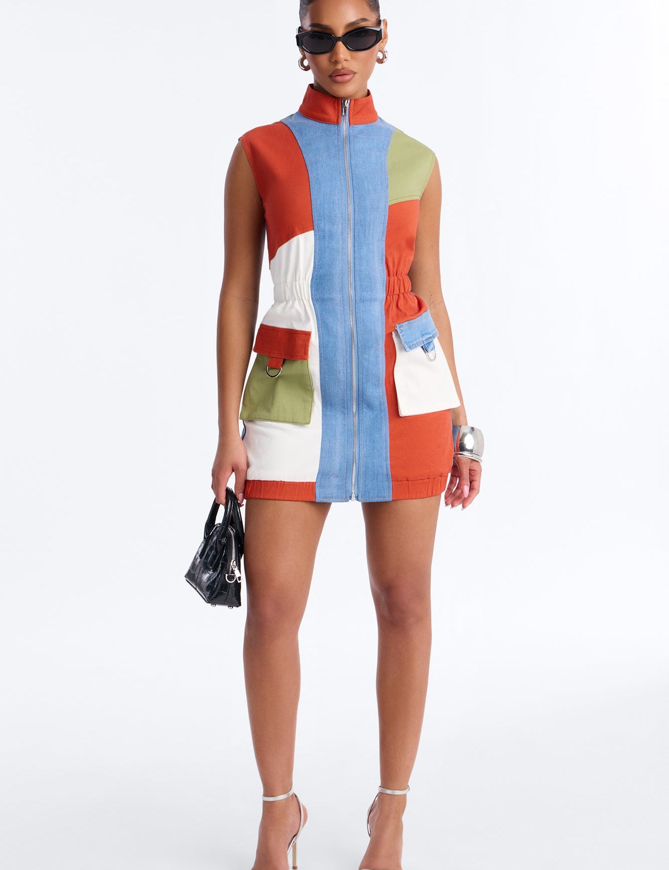 Colorblock Stretch Denim Mini Jurk - Oranje Combo