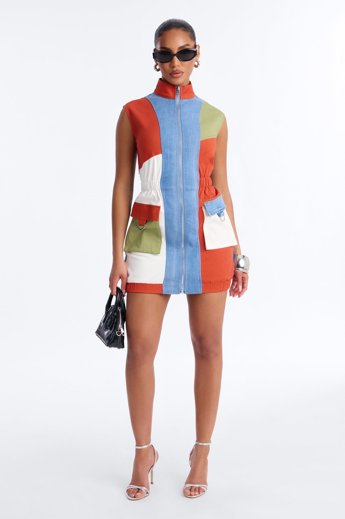 Colorblock Stretch Denim Mini Jurk - Oranje Combo