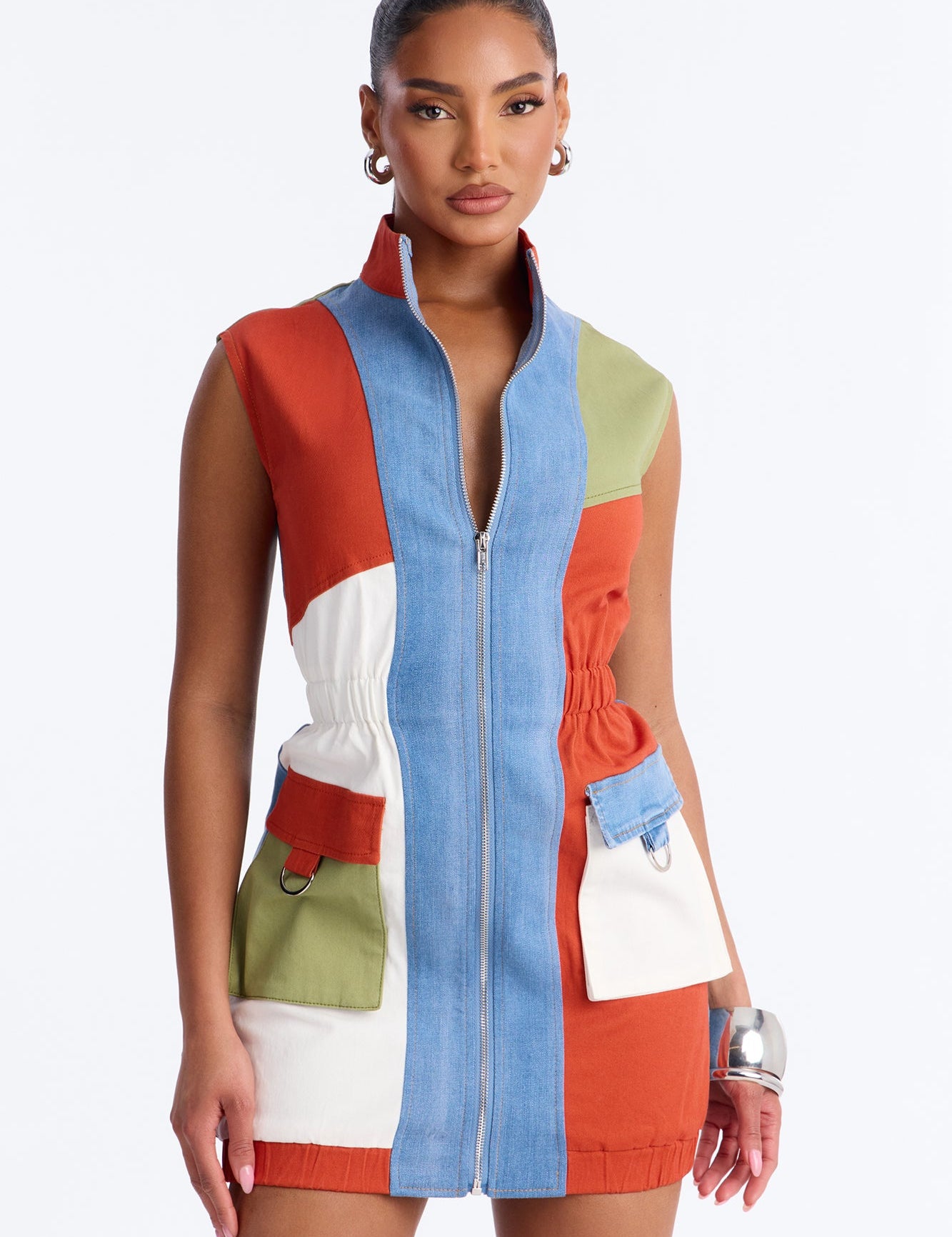 Colorblock Stretch Denim Mini Jurk - Oranje Combo