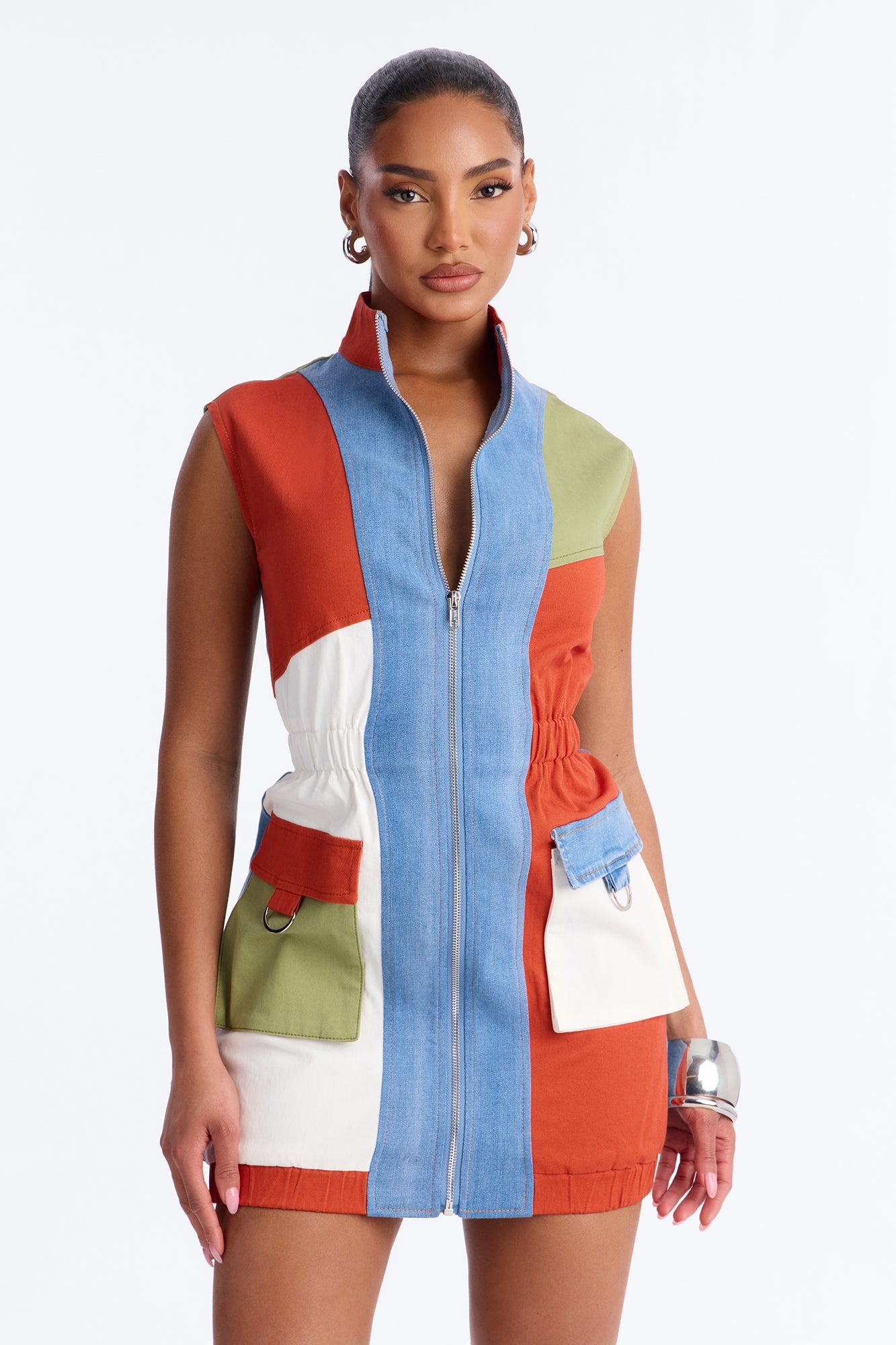 Colorblock Stretch Denim Mini Jurk - Oranje Combo