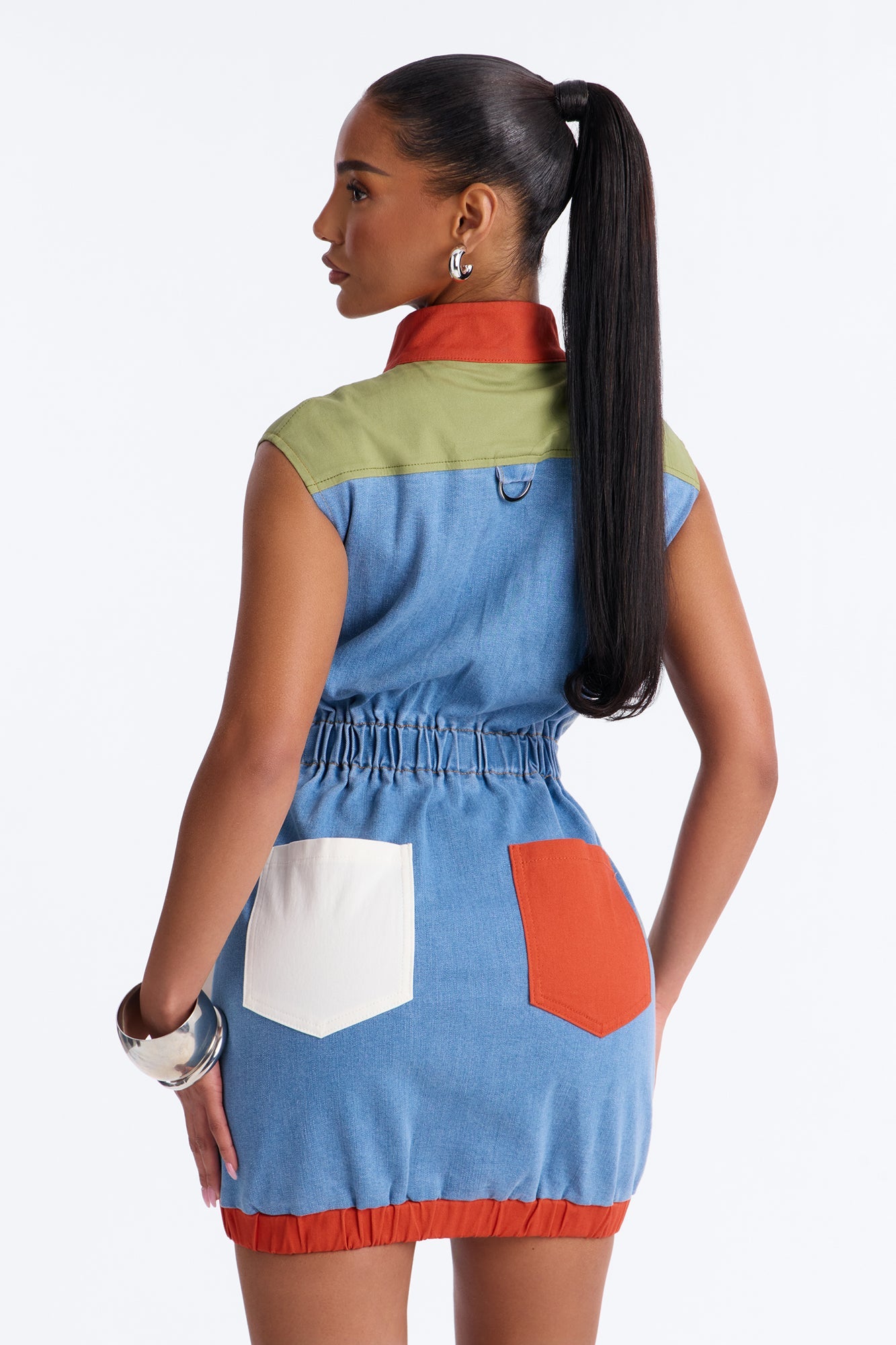 Colorblock Stretch Denim Mini Jurk - Oranje Combo