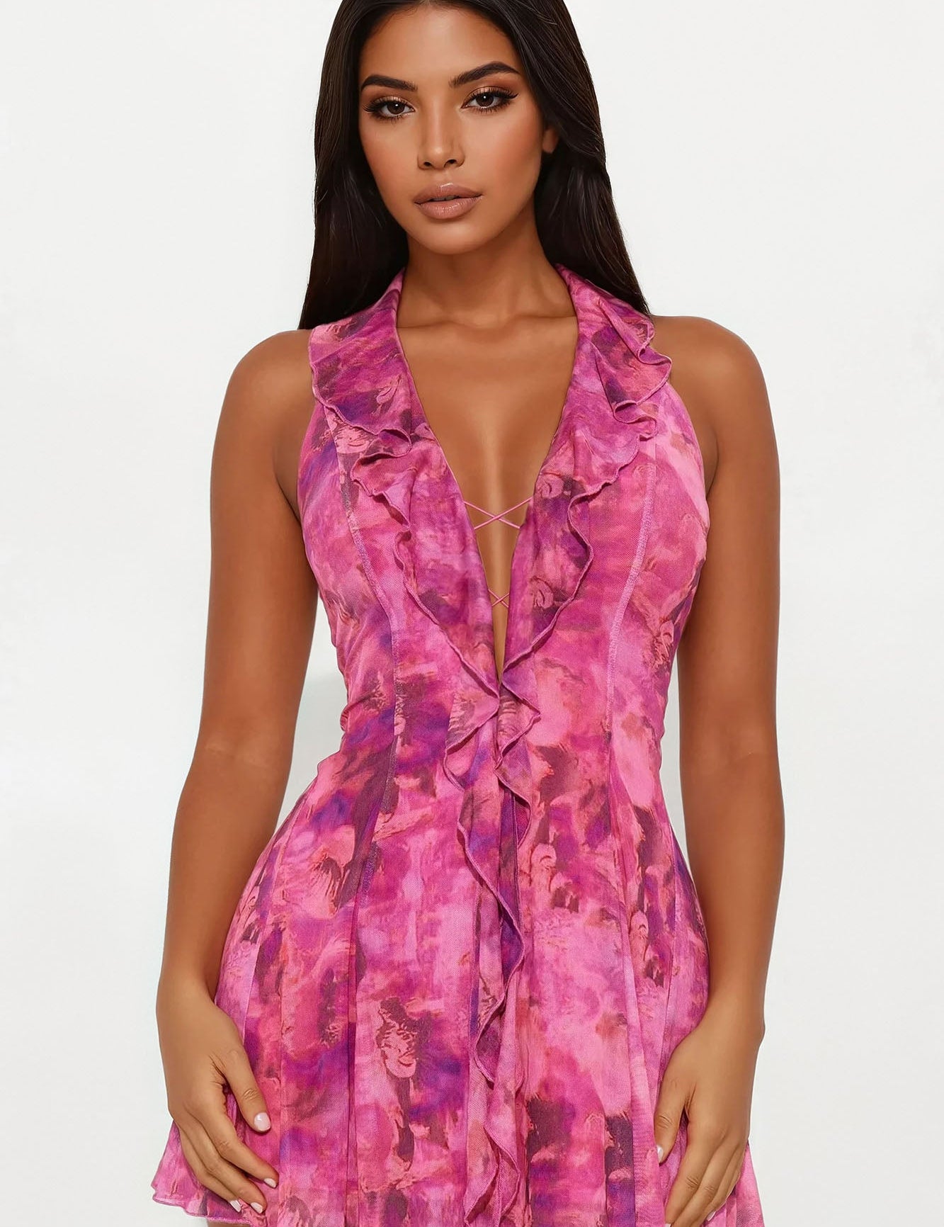 Tuscany Mesh Halter Mini Jurk in Roze - Elegante Zomer Look