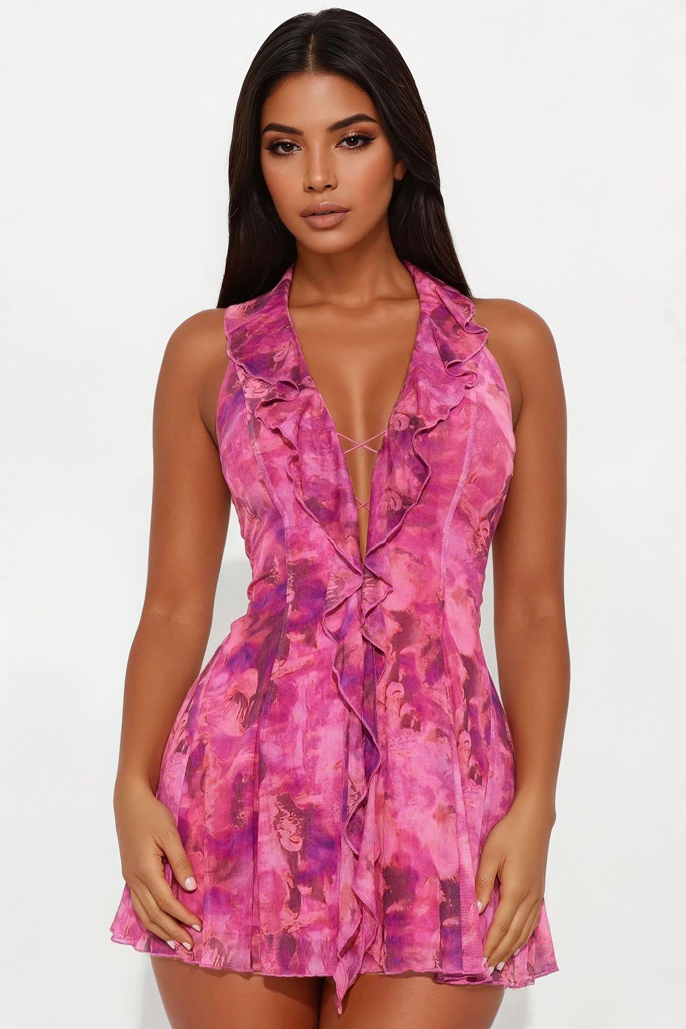 Tuscany Mesh Halter Mini Jurk in Roze - Elegante Zomer Look
