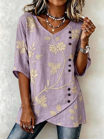 V-hals Blouse met Botanisch Print | Losjes Zomerblouse