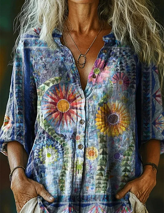 Vintage Bohemian Blouse met Bloemenprint - Katoen Linnen Mix