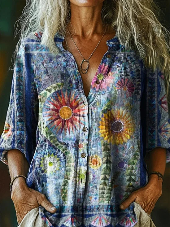 Vintage Bohemian Blouse met Bloemenprint - Katoen Linnen Mix