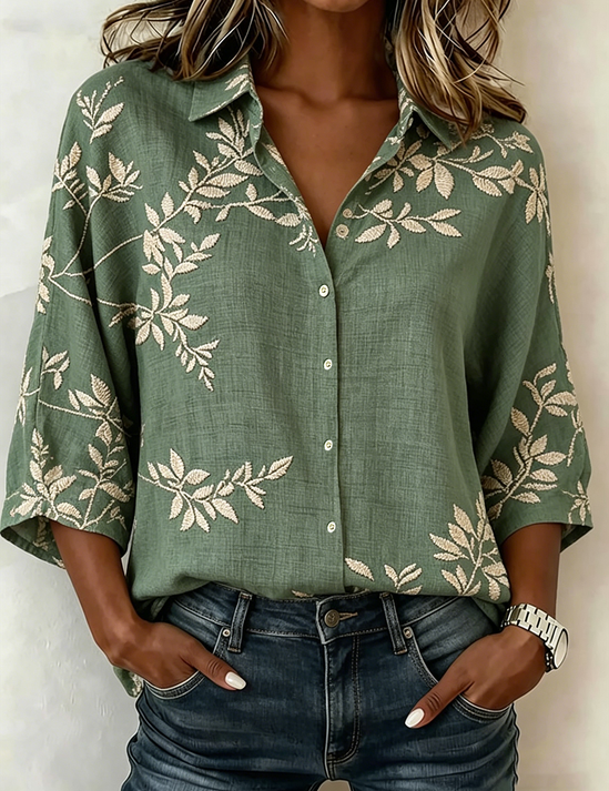 Shawl Collar Blouse Vintage Katoen Linnen Loose Fit
