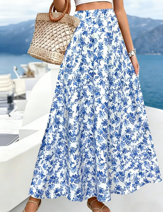 Bloemenprint Maxi Rok met Elastische Taille voor Zomer