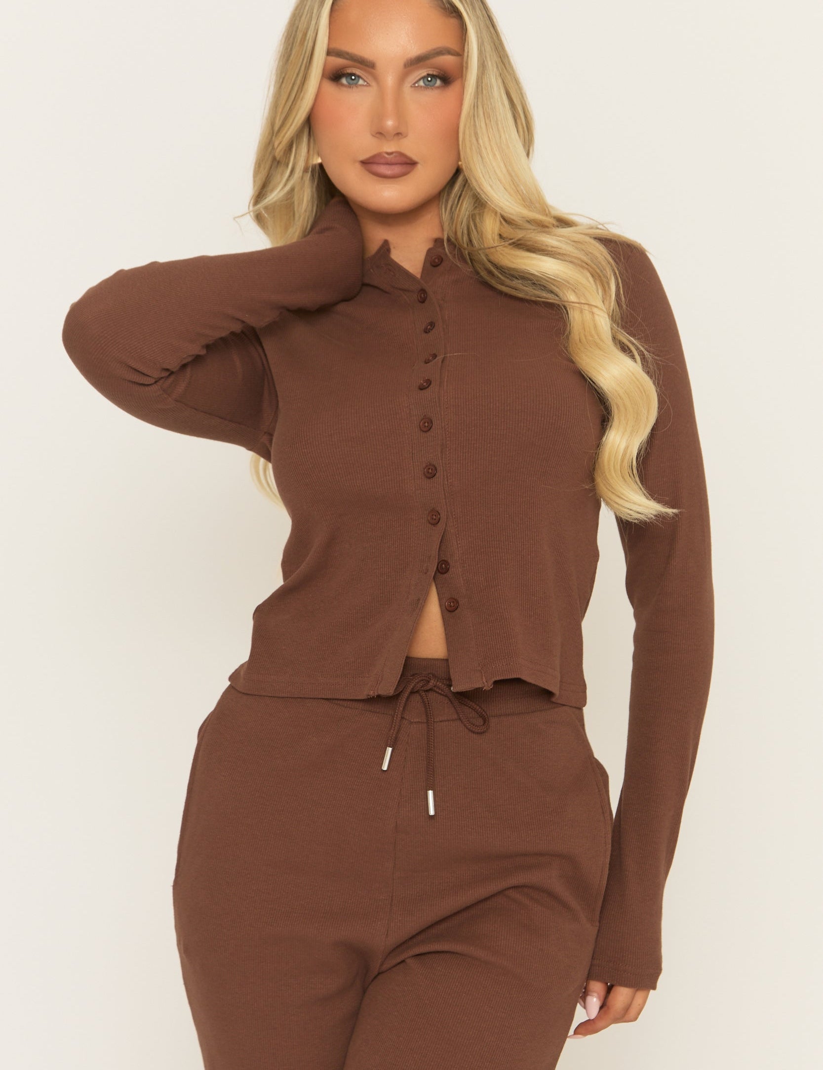 Chocoladebruin Knoopsluiting Loungewear Set met Lange Mouwen