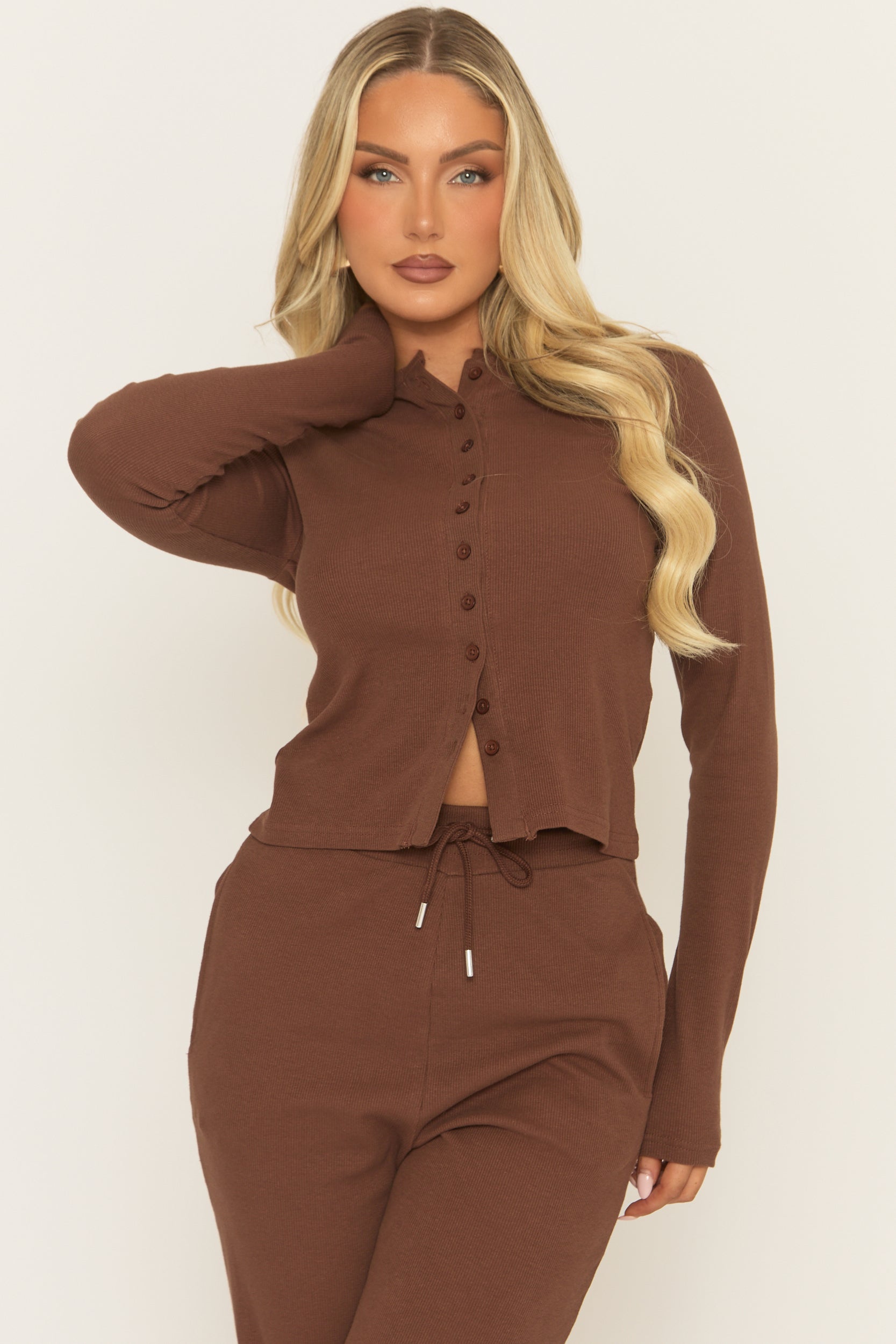 Chocoladebruin Knoopsluiting Loungewear Set met Lange Mouwen