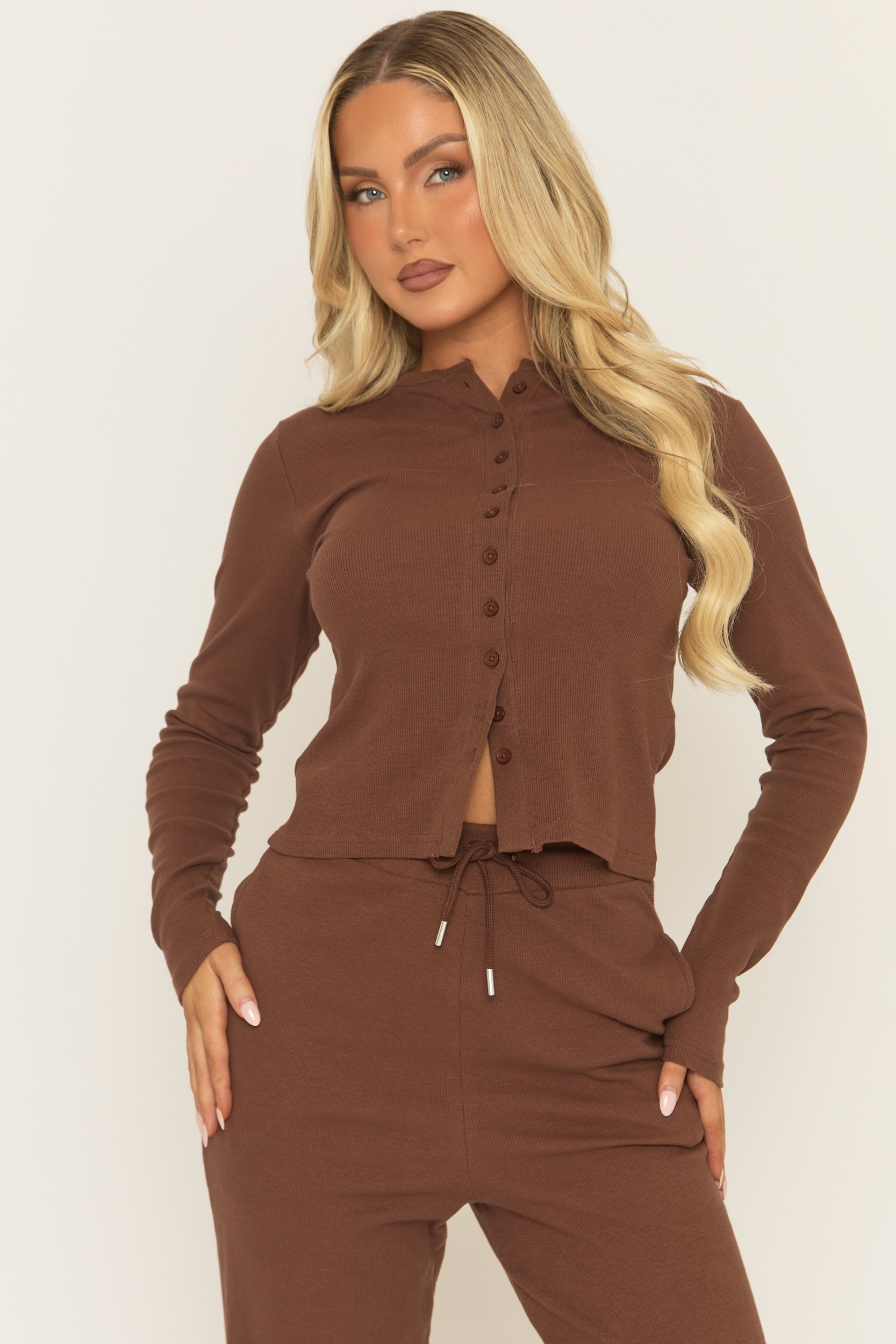 Chocoladebruin Knoopsluiting Loungewear Set met Lange Mouwen
