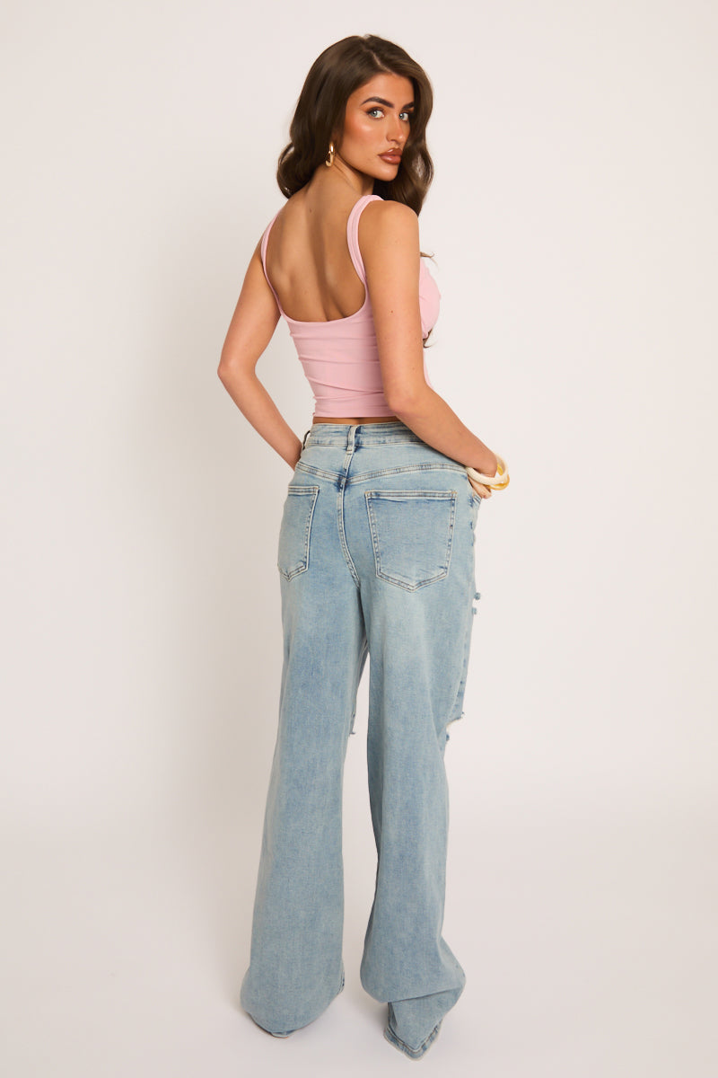 Roze Top met Vierkante Hals en Gathered Details