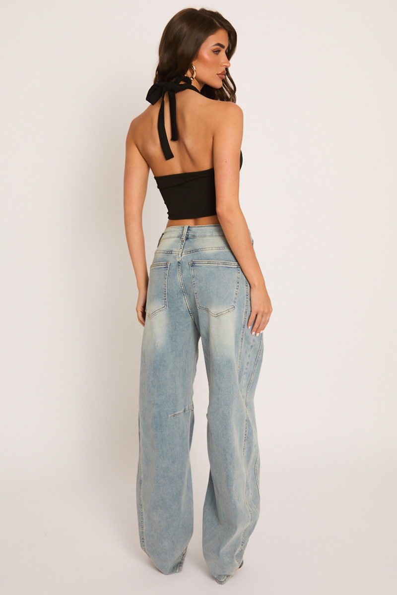 Zwarte Halterneck Crop Top met Ruche Detail – Taylor