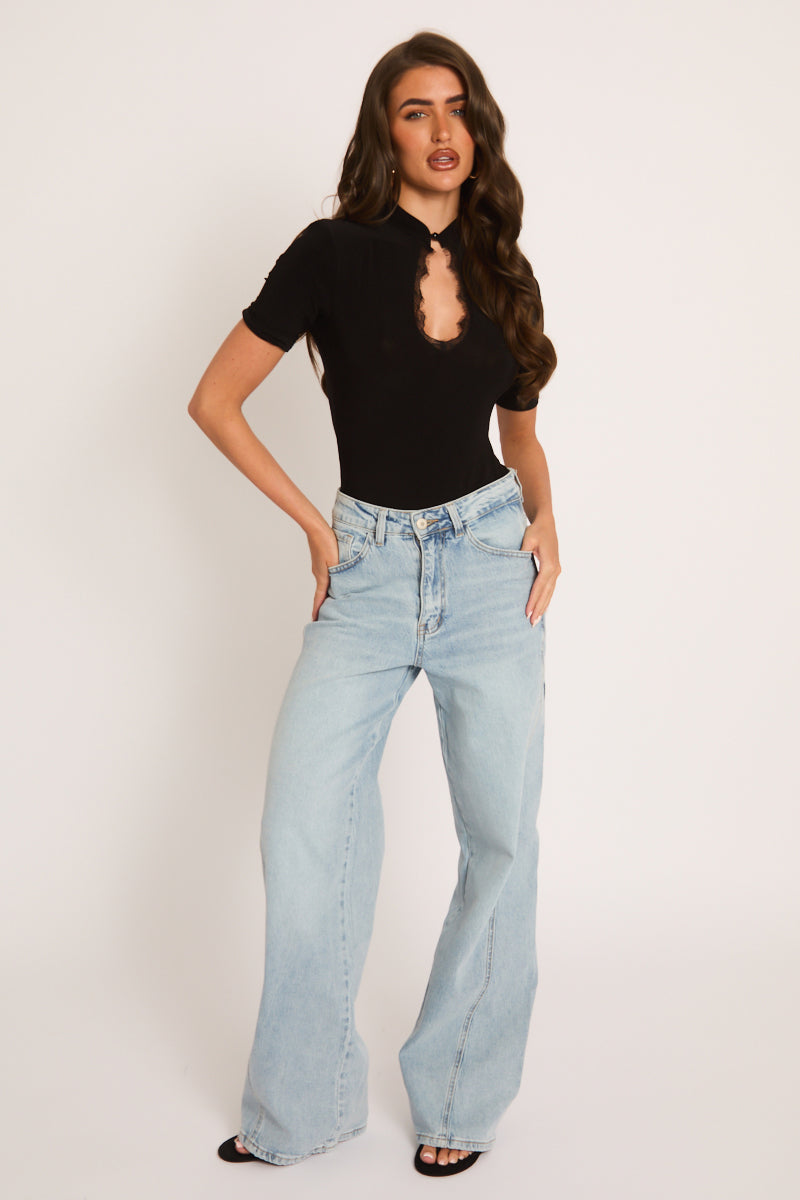 Zwarte Bodysuit met Schouderbreuk en Kanttrim - Carrie