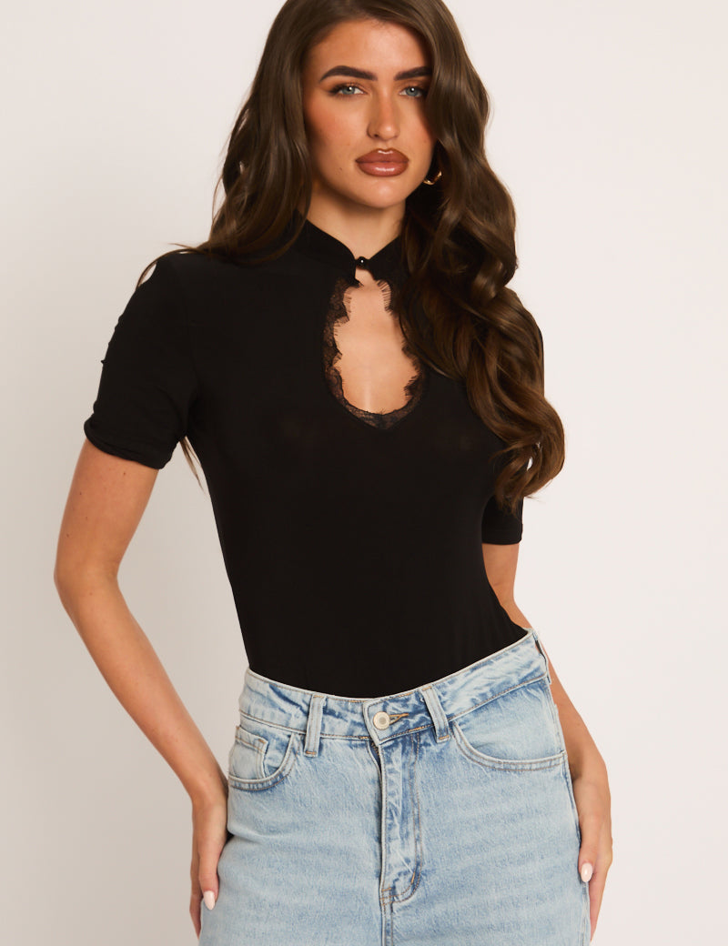 Zwarte Bodysuit met Schouderbreuk en Kanttrim - Carrie