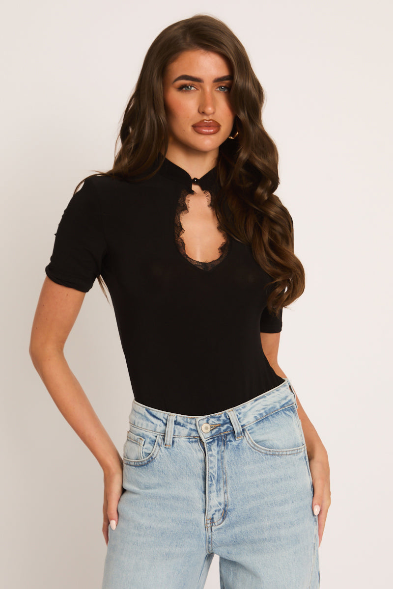 Zwarte Bodysuit met Schouderbreuk en Kanttrim - Carrie
