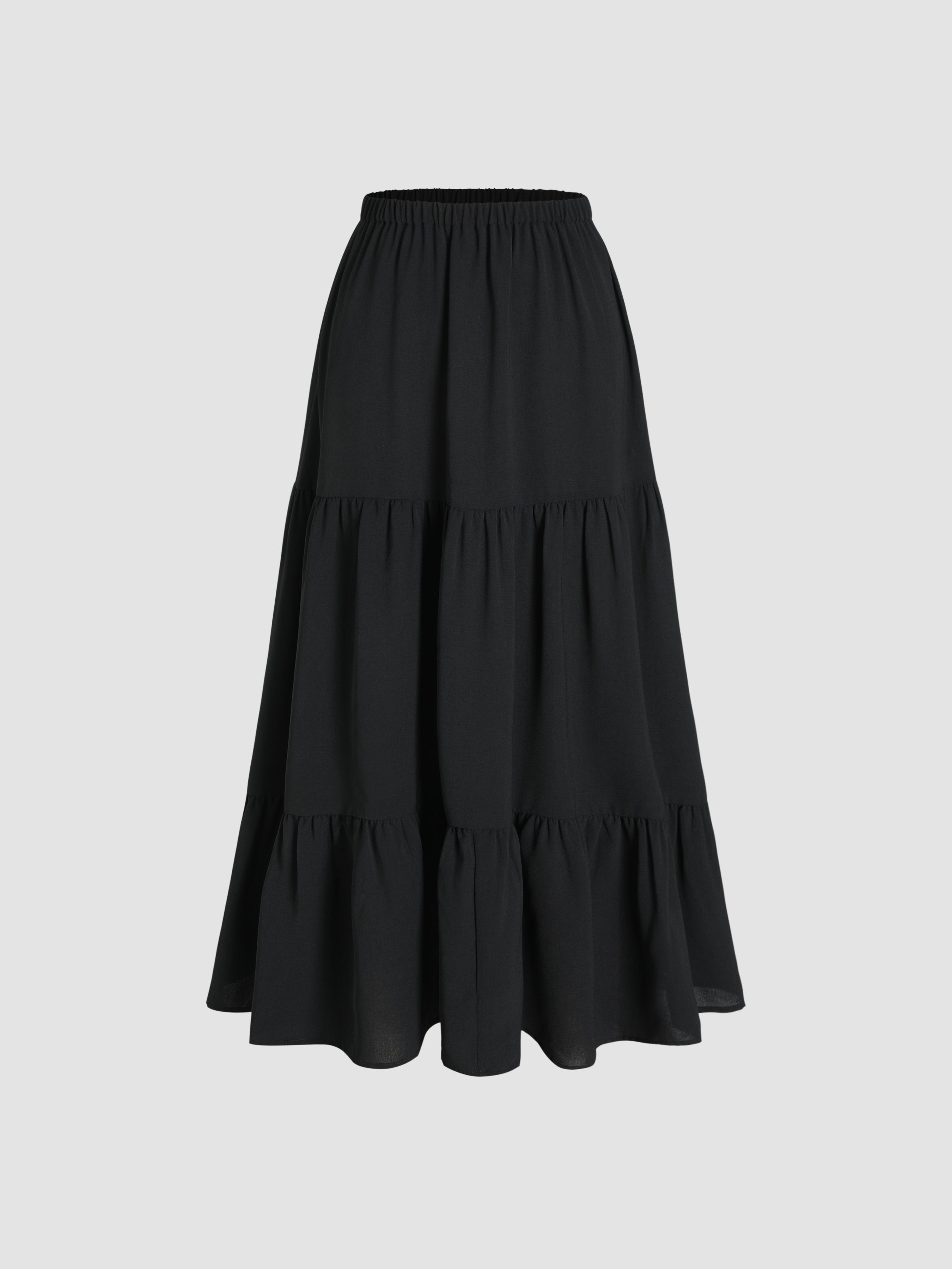 Effen Maxi Rok met Elastische Taille en Ruffles