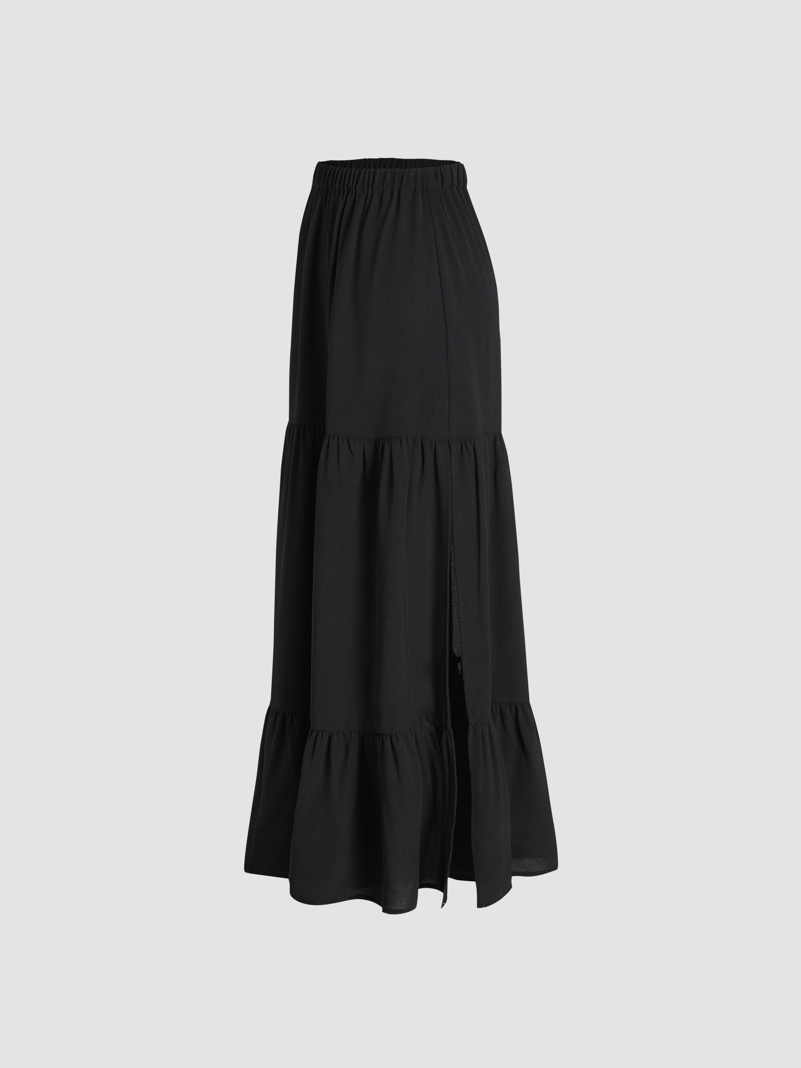 Effen Maxi Rok met Elastische Taille en Ruffles