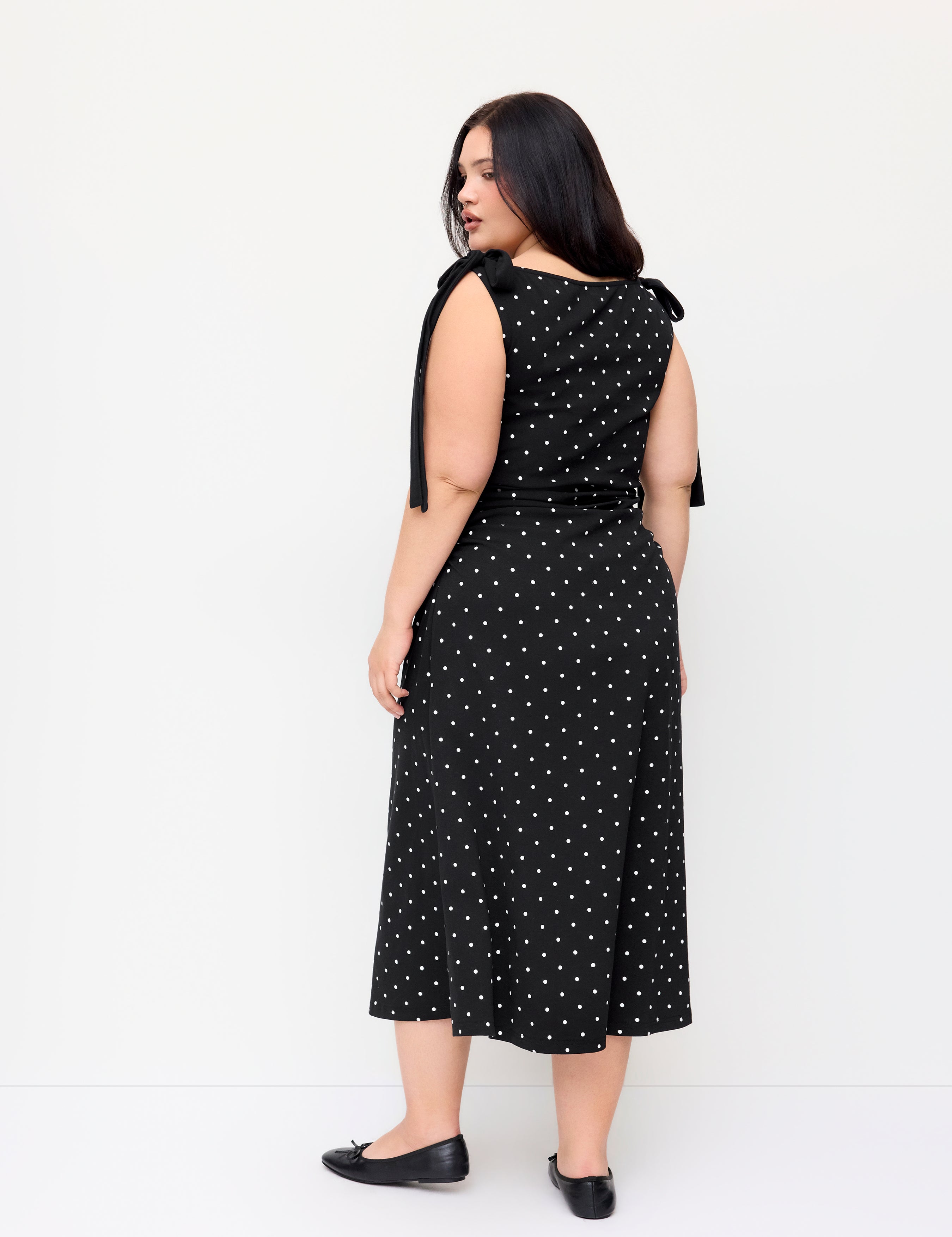 Katoenmix Stippen Boothalsjurk met Strikdetail Midi Curve
