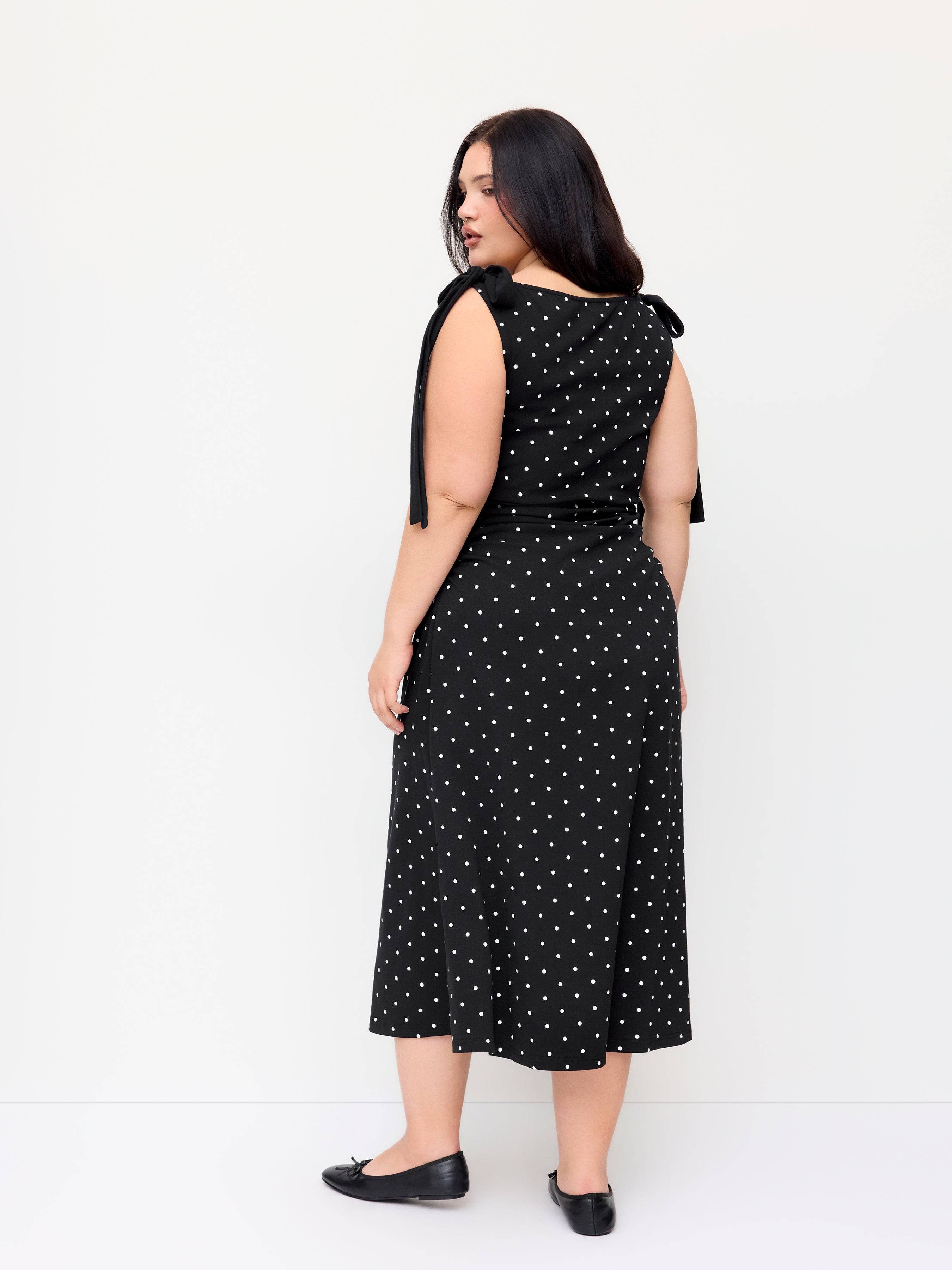 Katoenmix Stippen Boothalsjurk met Strikdetail Midi Curve