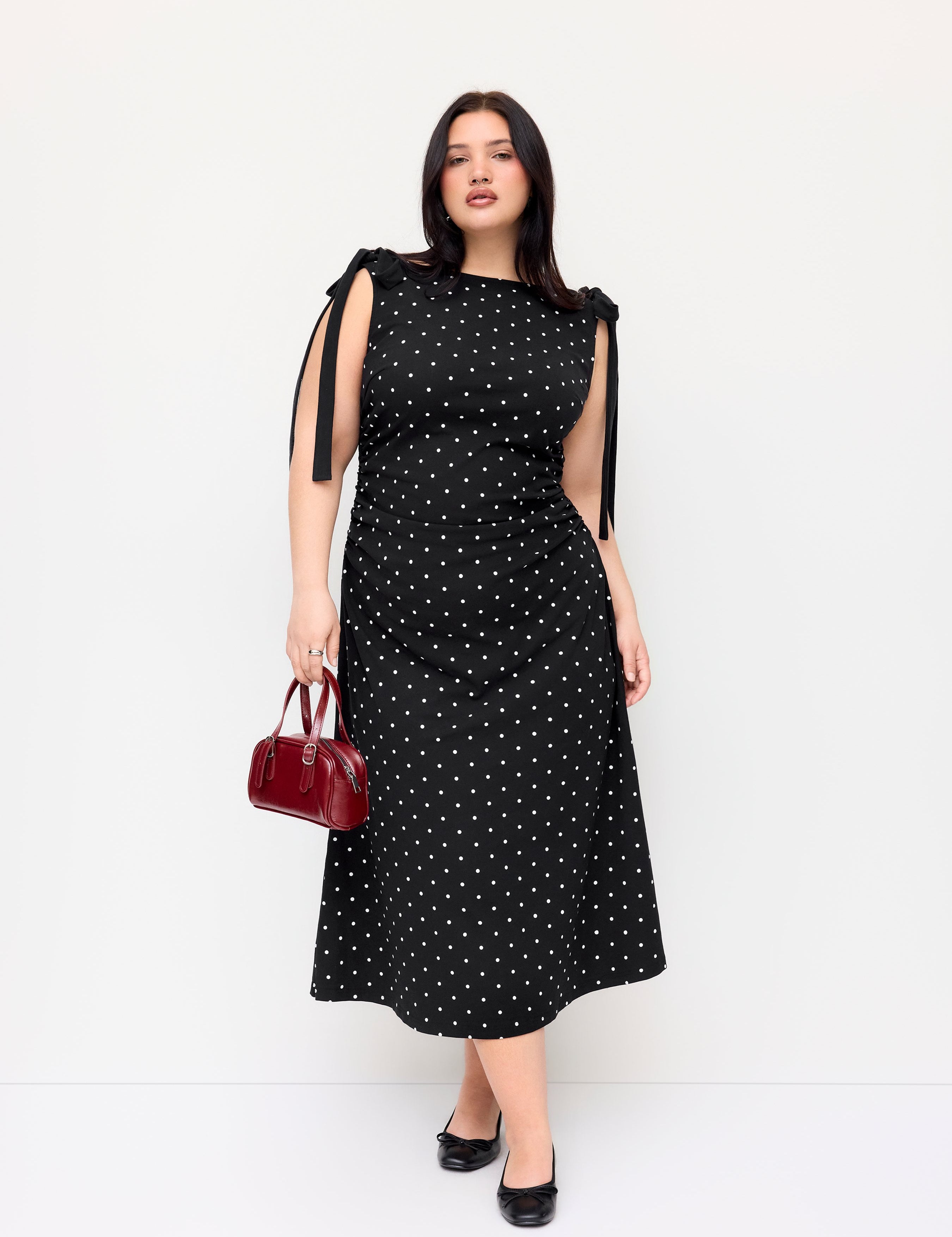 Katoenmix Stippen Boothalsjurk met Strikdetail Midi Curve