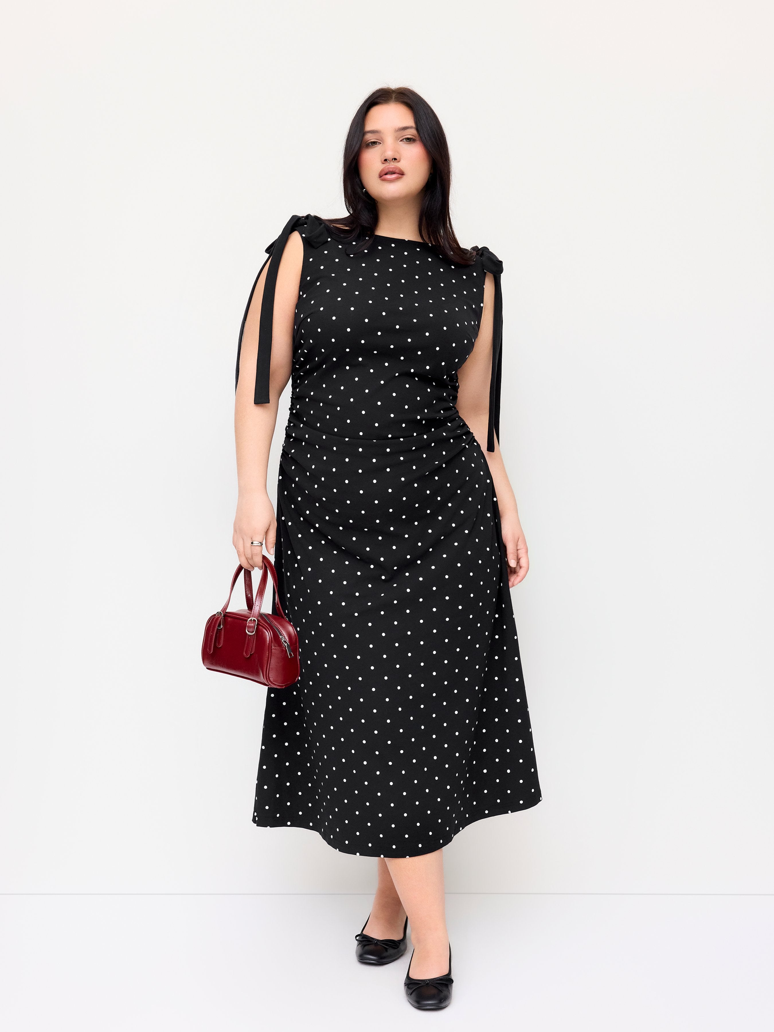 Katoenmix Stippen Boothalsjurk met Strikdetail Midi Curve