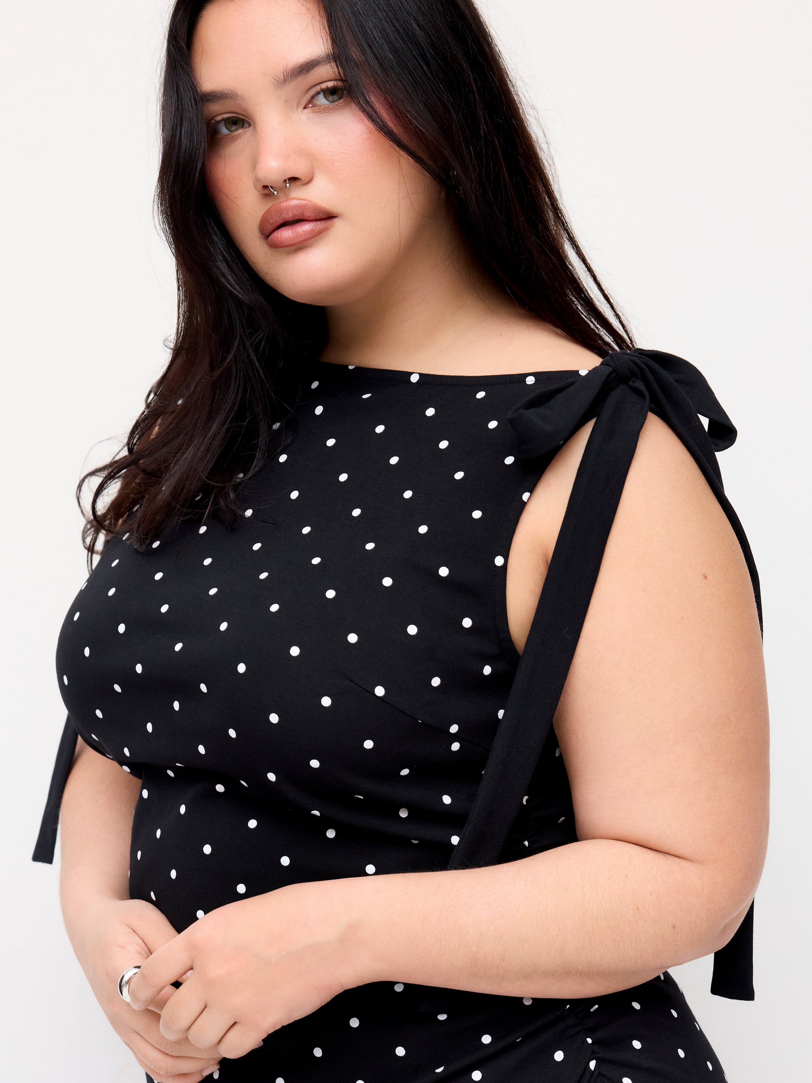 Katoenmix Stippen Boothalsjurk met Strikdetail Midi Curve