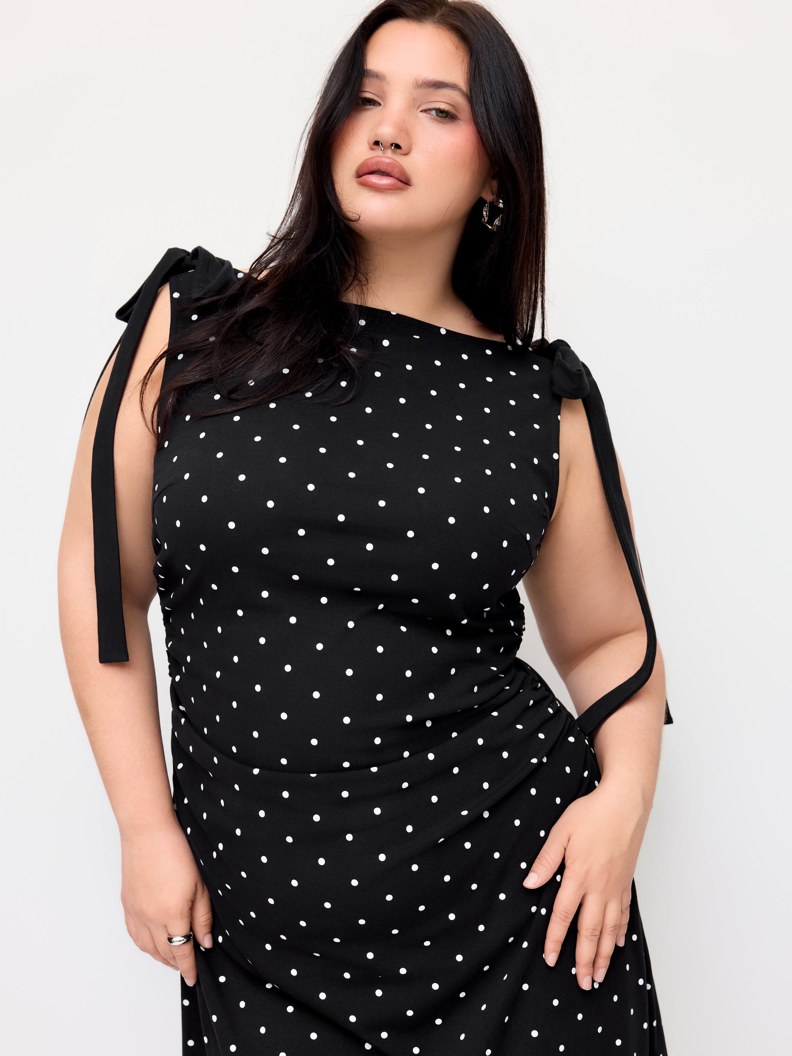 Katoenmix Stippen Boothalsjurk met Strikdetail Midi Curve