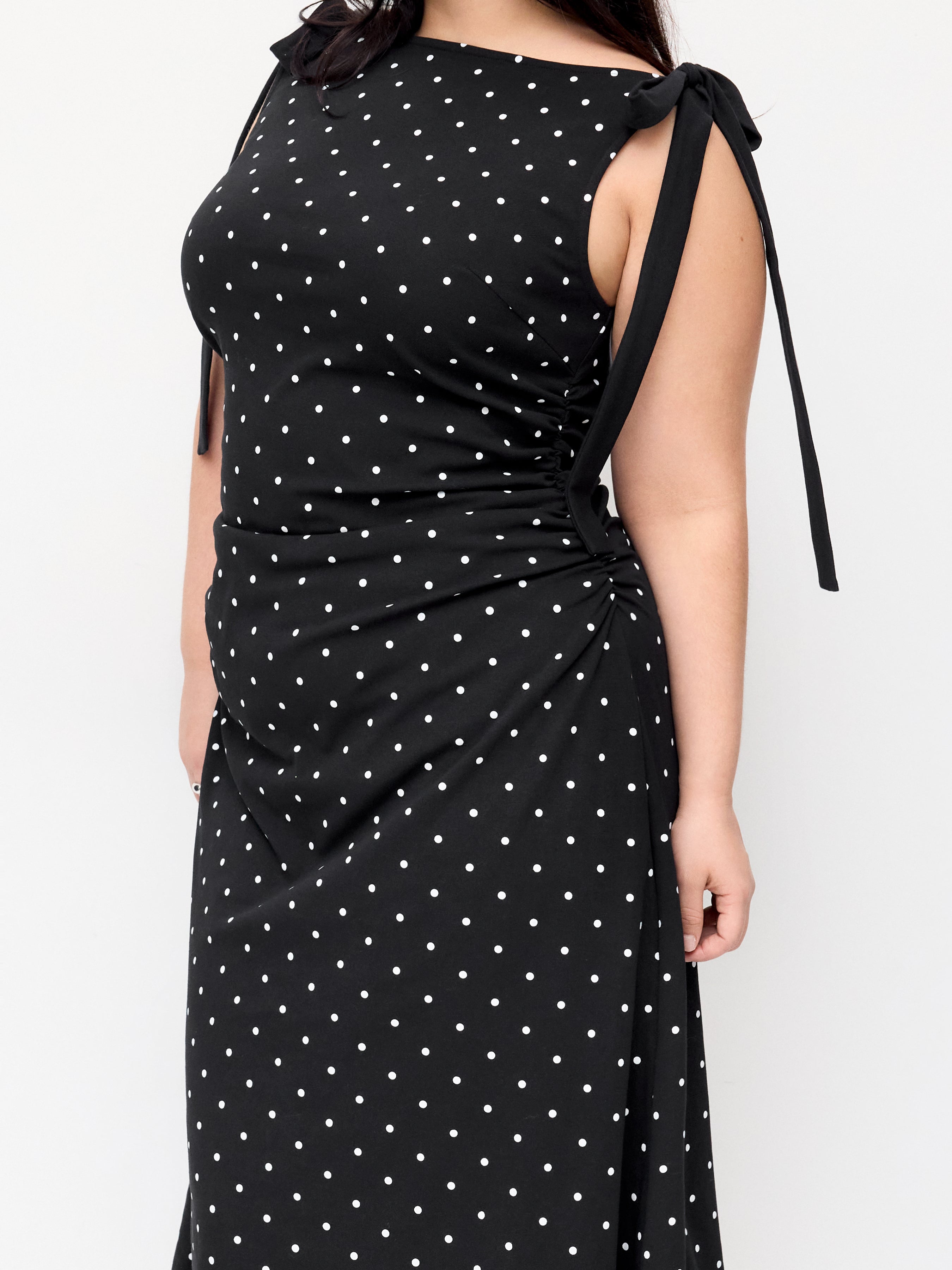 Katoenmix Stippen Boothalsjurk met Strikdetail Midi Curve