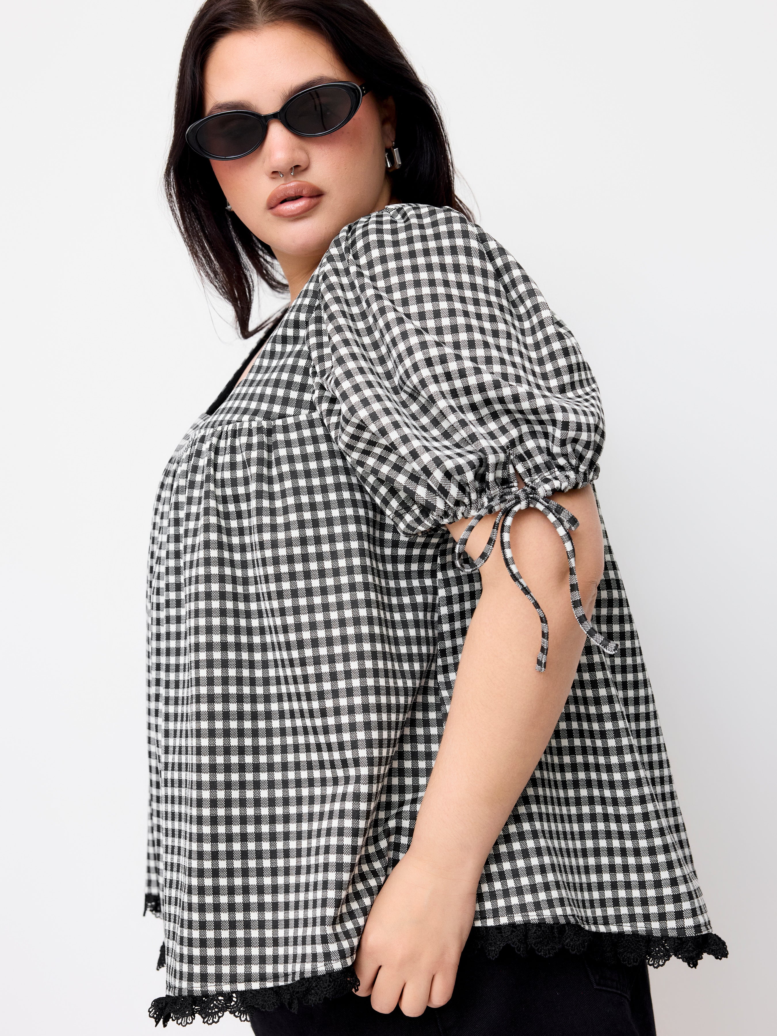 Gingham Blouse met Vierkante Hals en Pofmouwen