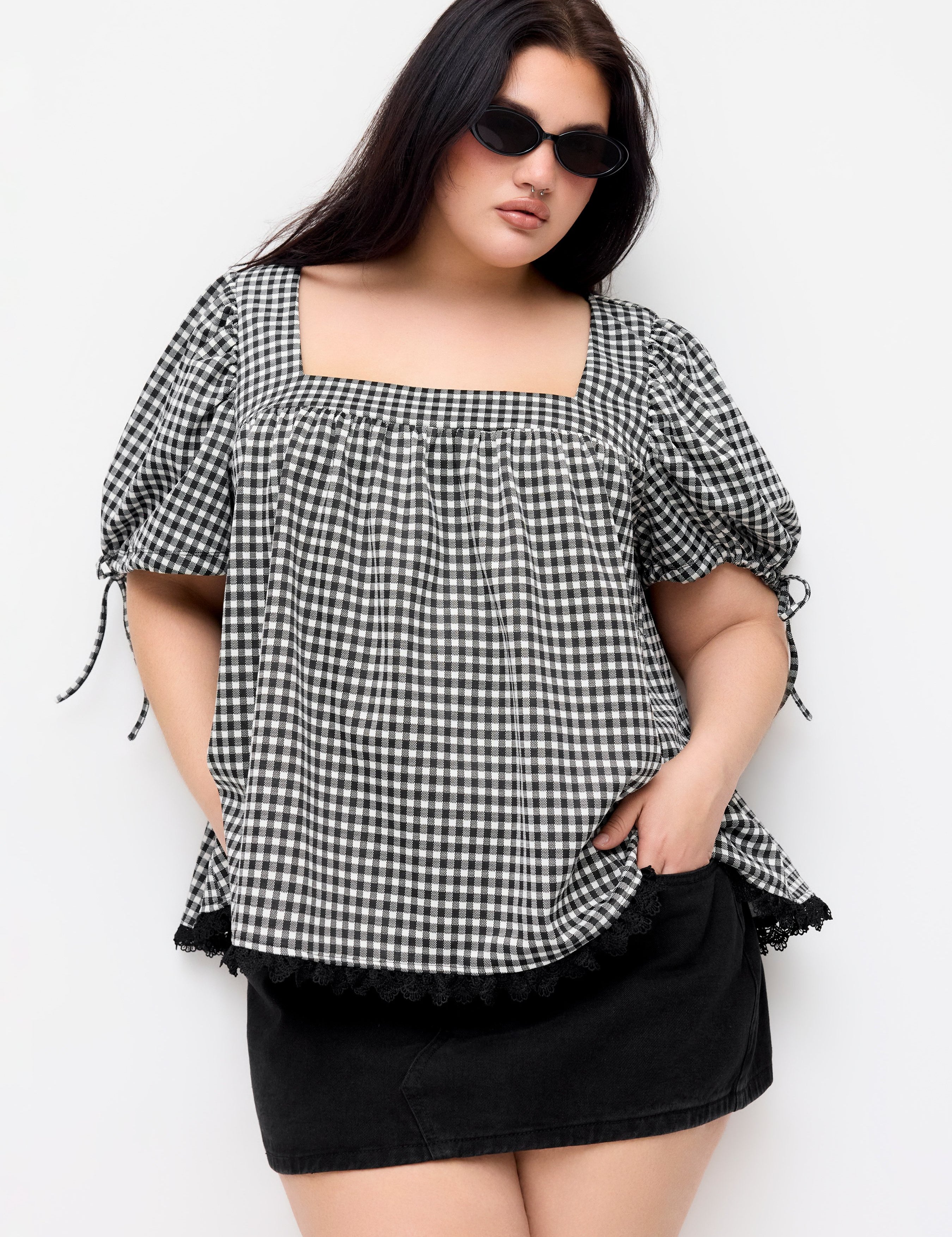 Gingham Blouse met Vierkante Hals en Pofmouwen