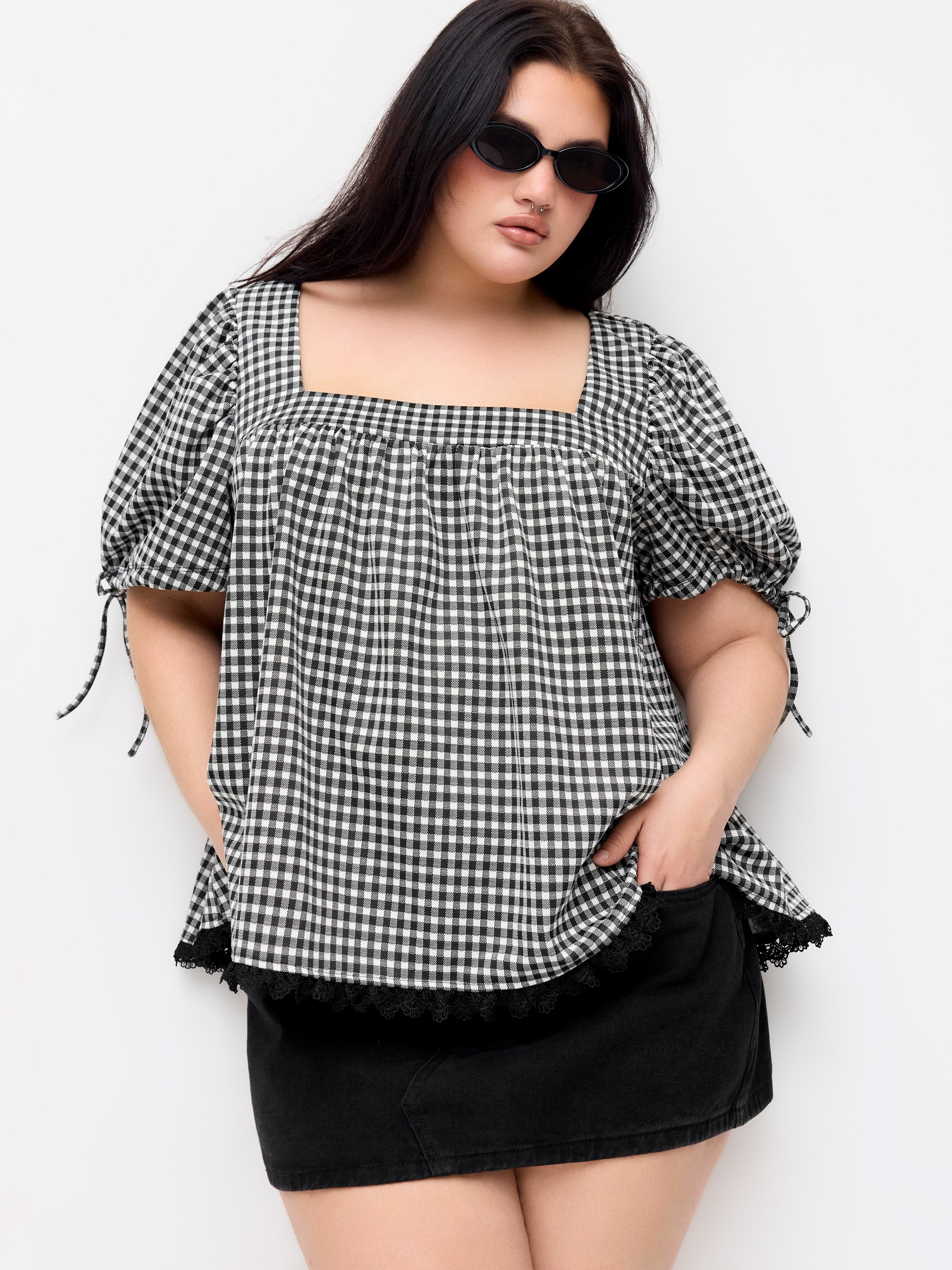 Gingham Blouse met Vierkante Hals en Pofmouwen