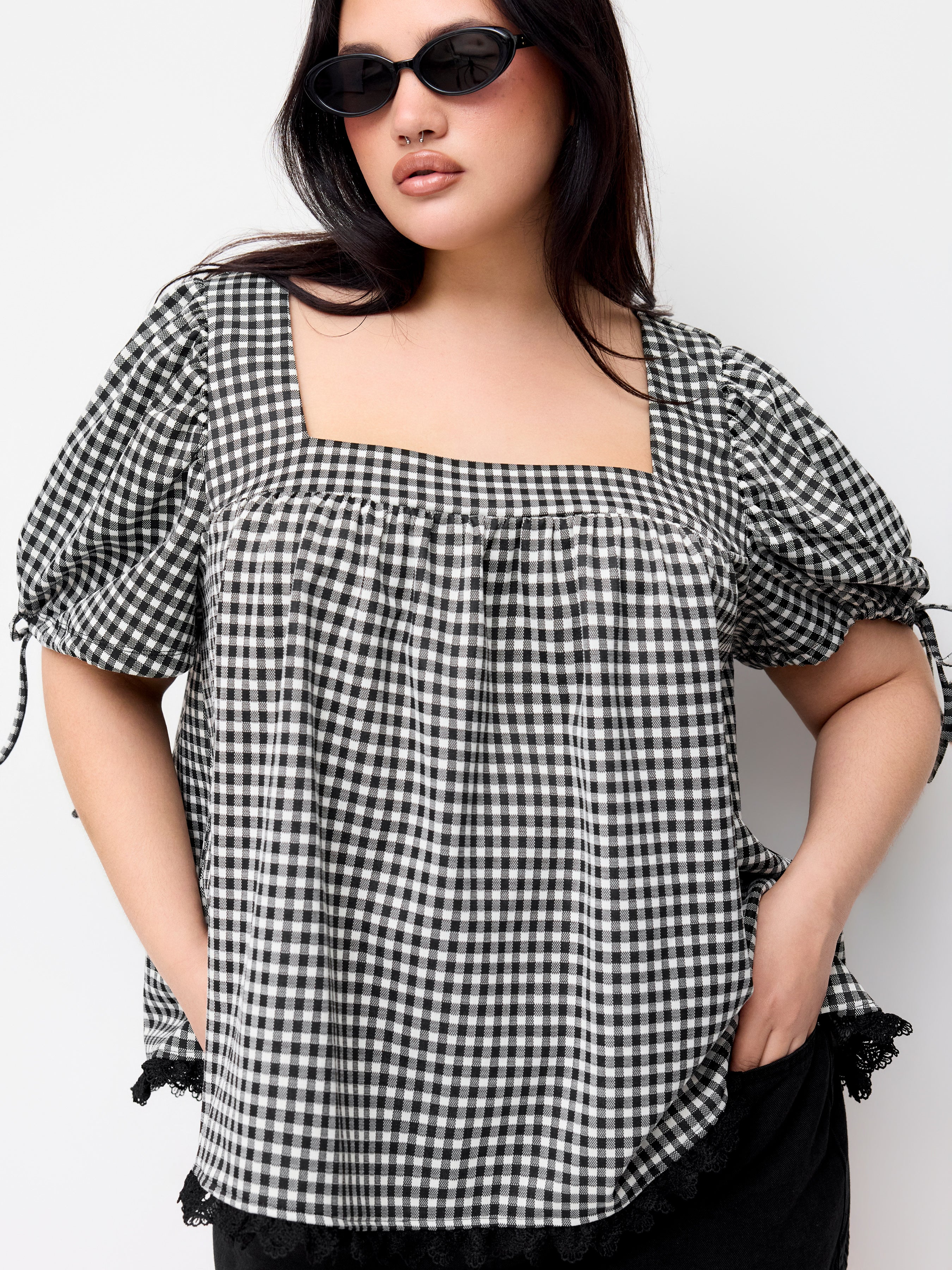 Gingham Blouse met Vierkante Hals en Pofmouwen