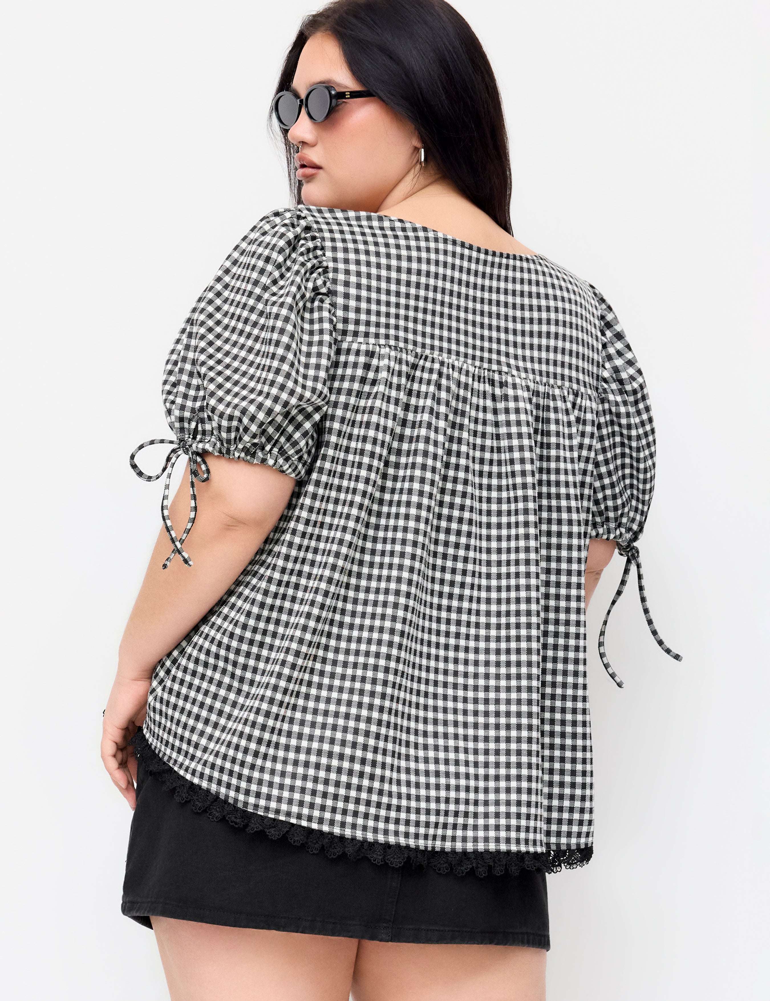 Gingham Blouse met Vierkante Hals en Pofmouwen