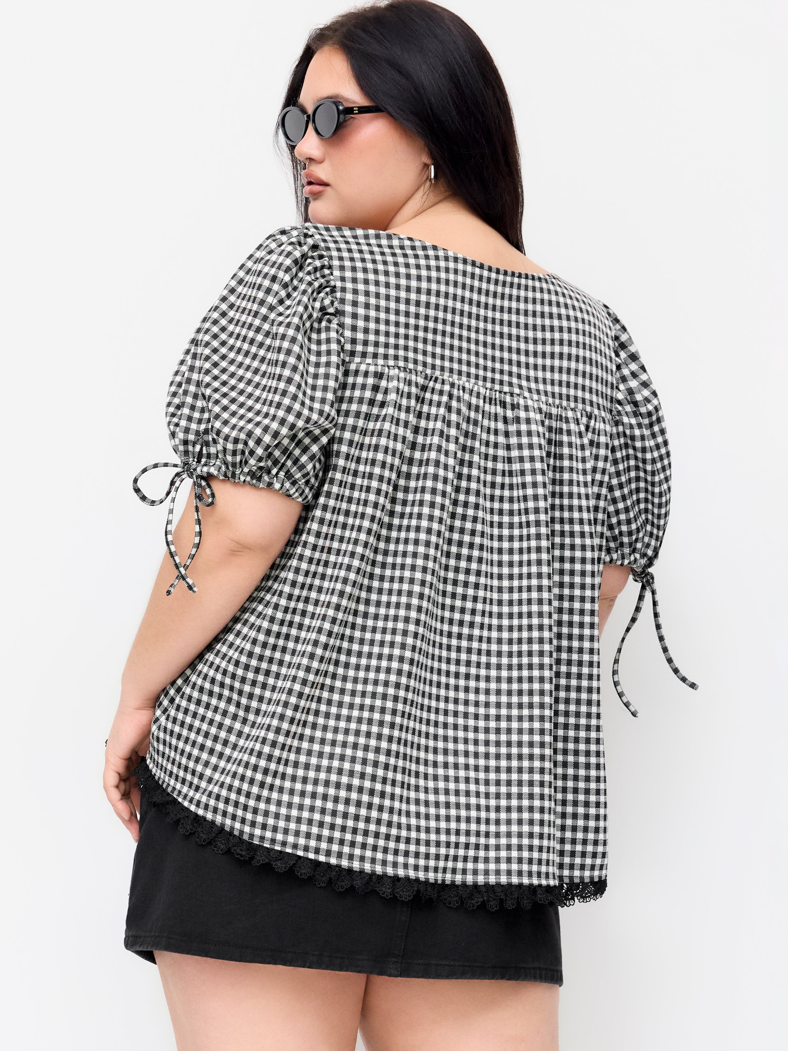 Gingham Blouse met Vierkante Hals en Pofmouwen
