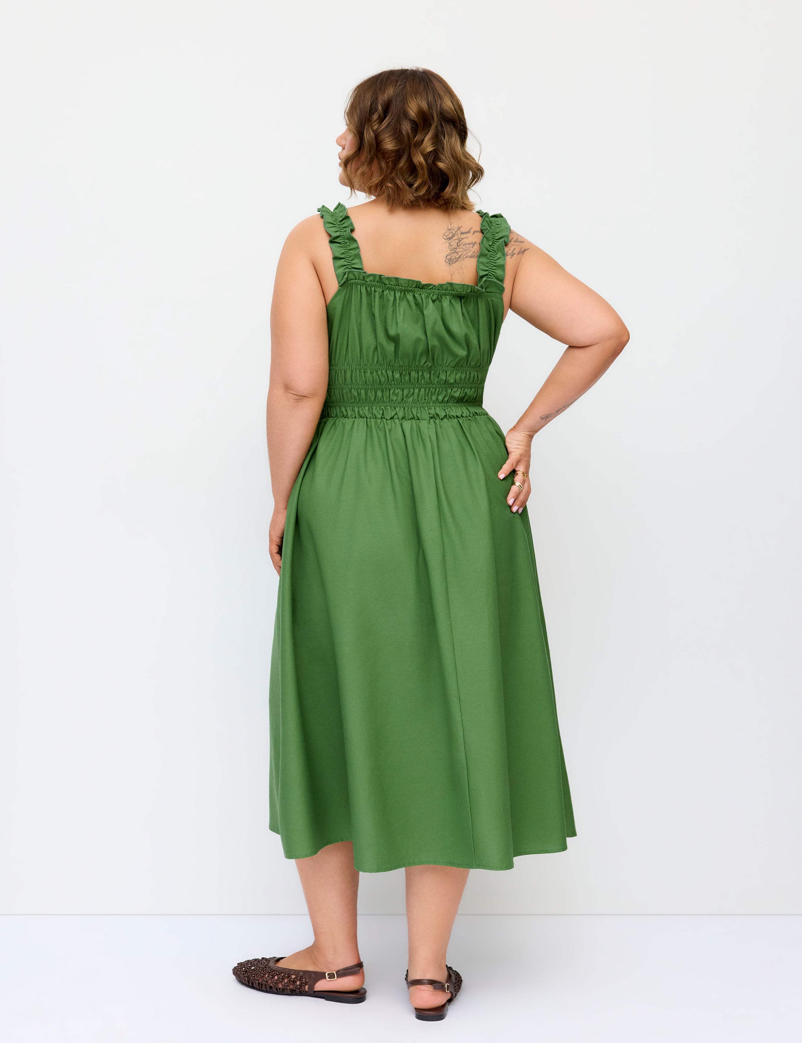 Linnen Mix Cami Midi Jurk met Knoopdetail en Sla-rand Curve