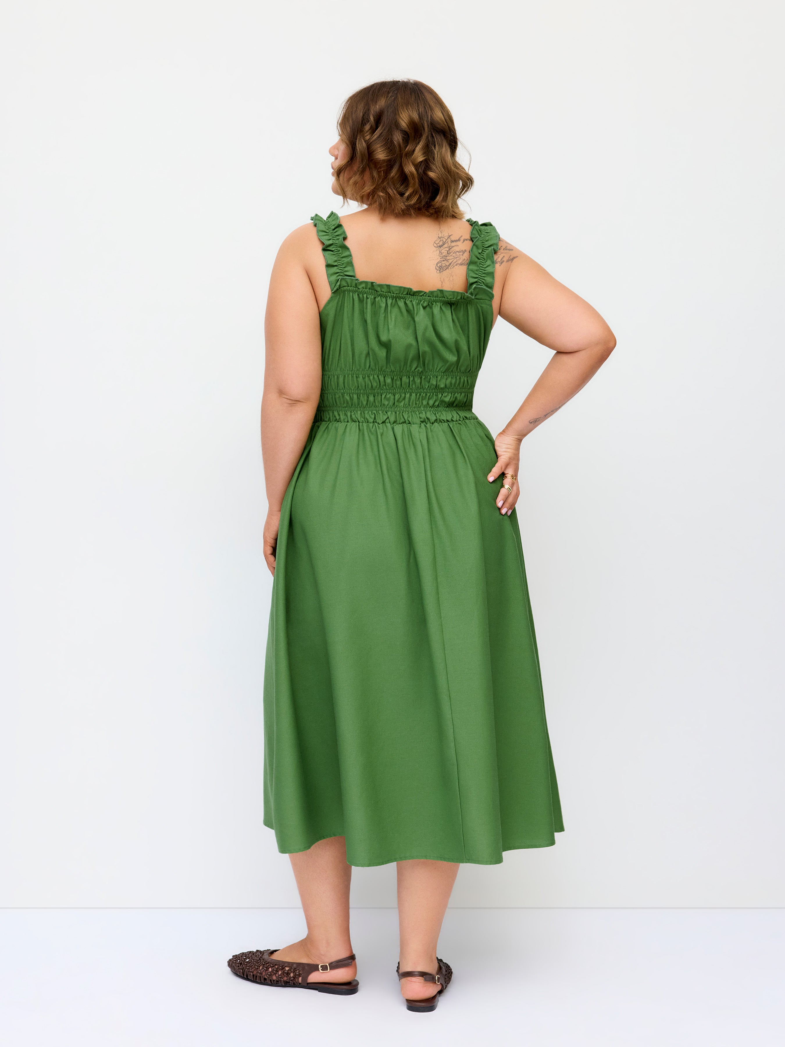Linnen Mix Cami Midi Jurk met Knoopdetail en Sla-rand Curve