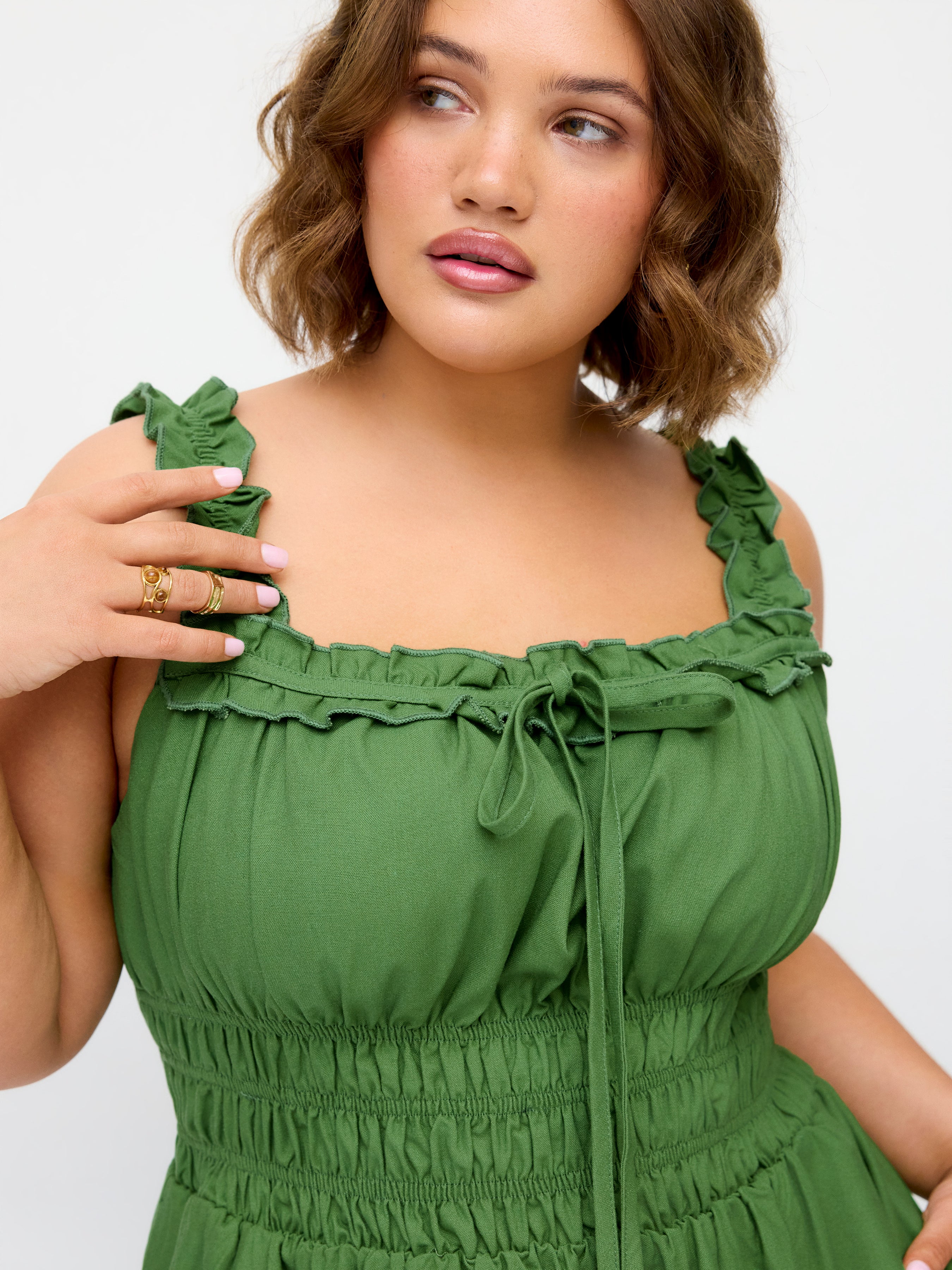 Linnen Mix Cami Midi Jurk met Knoopdetail en Sla-rand Curve