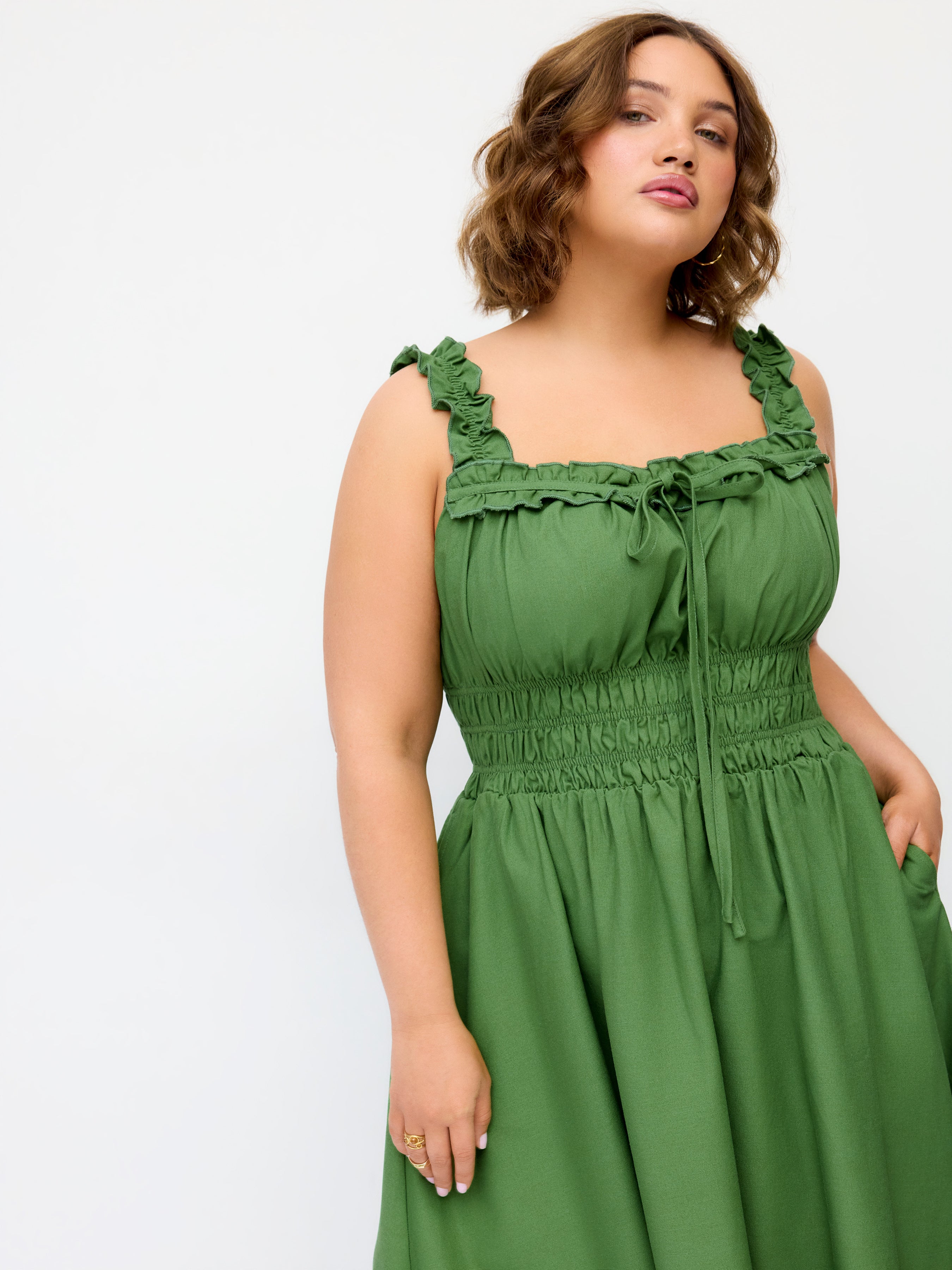 Linnen Mix Cami Midi Jurk met Knoopdetail en Sla-rand Curve