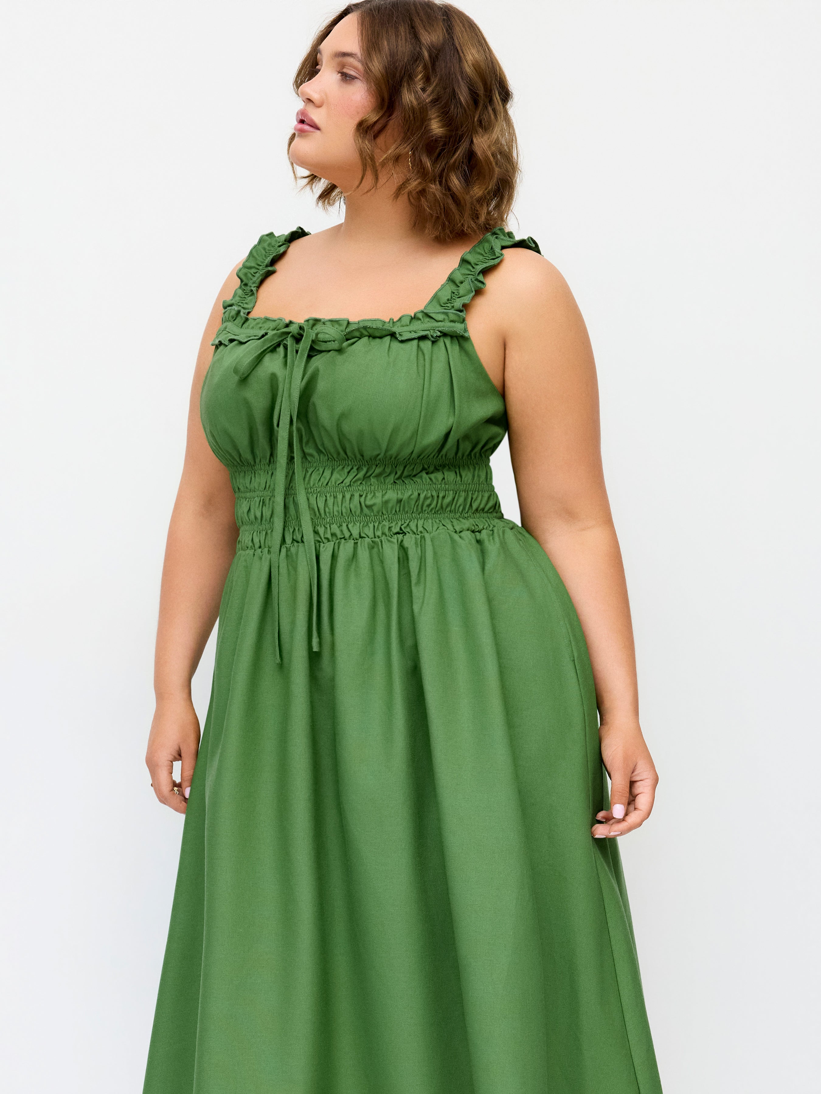 Linnen Mix Cami Midi Jurk met Knoopdetail en Sla-rand Curve