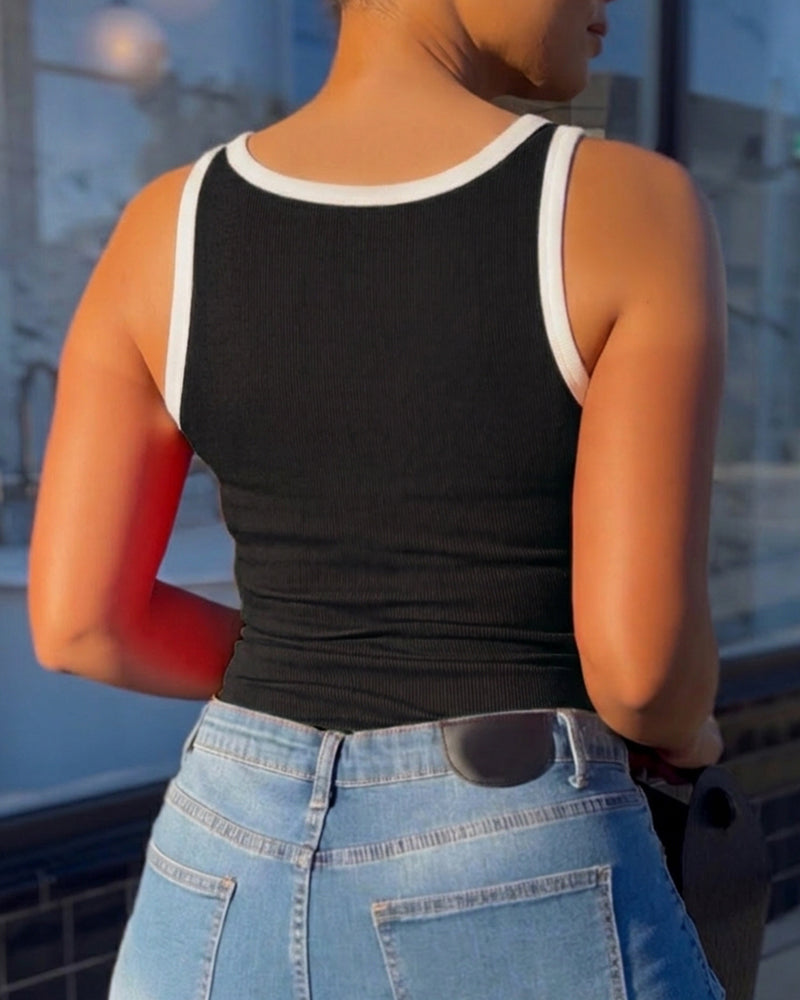 Ribbel Cami Top met Contrastbies Slim Fit