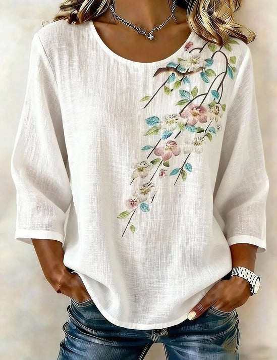 Ronde Hals Blouse met 3D Print en Korte Mouw – Luchtig & Wij