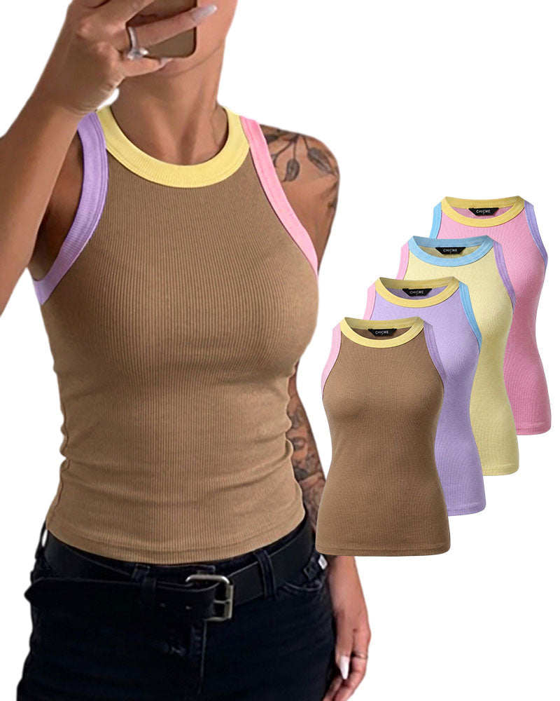 Geribde tanktop met contrastbies - slim fit cami basic